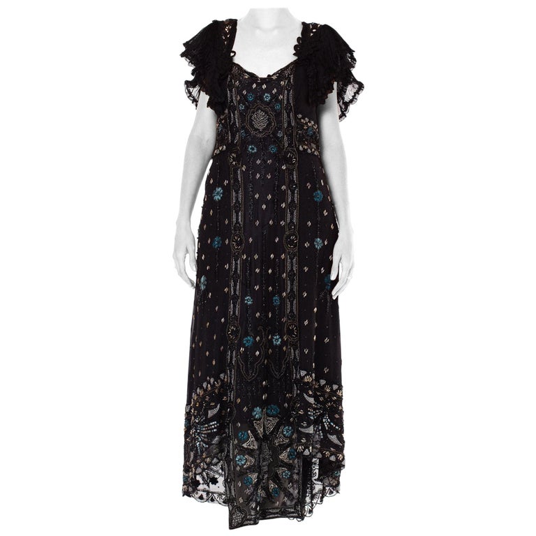 Edwardian Black Silk Net Floral Embroidered and Beaded Gown With Ruffle Lace Col For Sale at 1stDibs | black edwardian dress Edwardian Black Silk Net Floral Embroidered and Beaded Gown With Ruffle Lace Col For Sale at 1stDibs | black edwardian dress