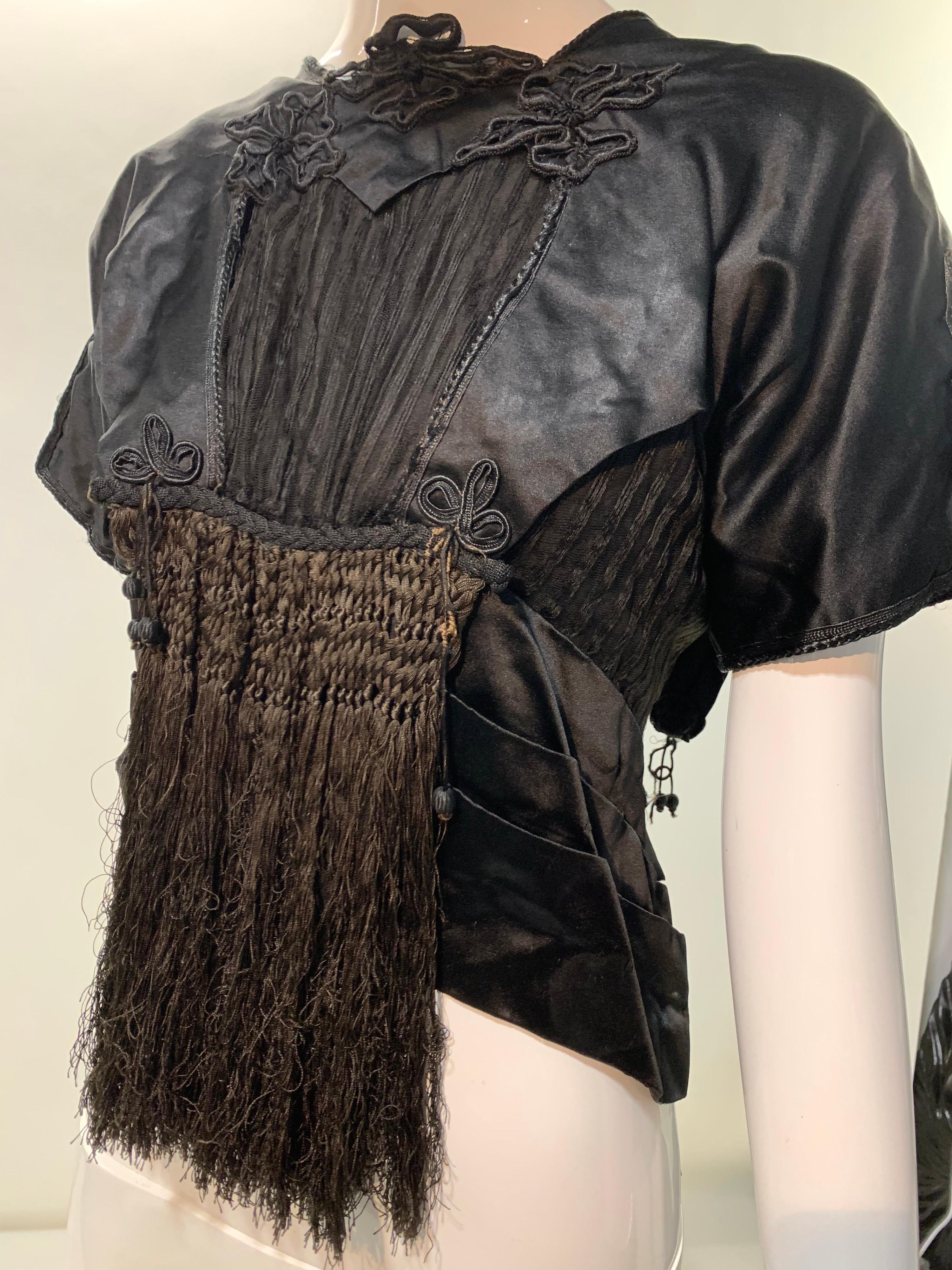 Edwardian Black Silk Satin Blouse w/ Extravagant Silk Fringe For Sale 6