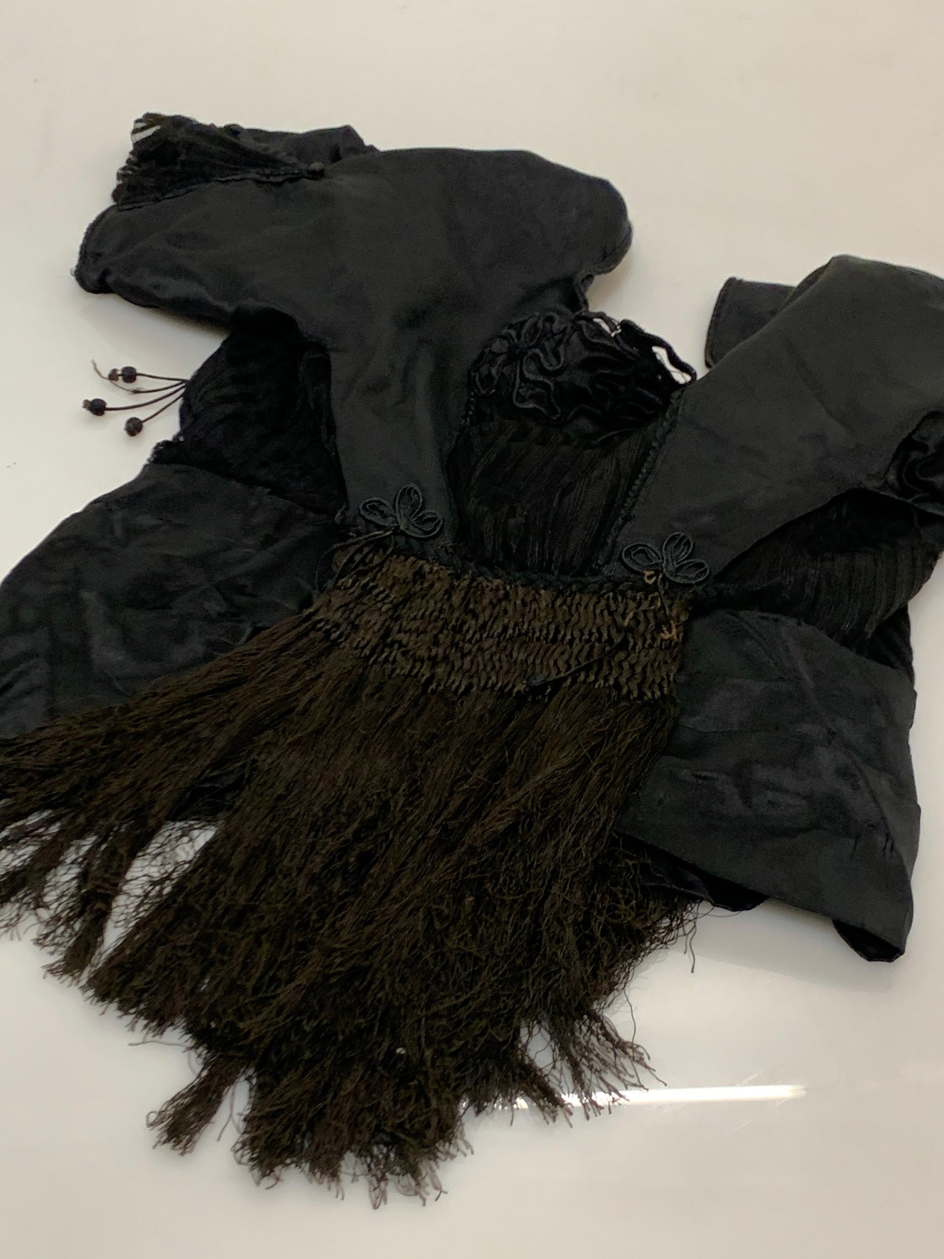 Edwardian Black Silk Satin Blouse w/ Extravagant Silk Fringe For Sale 9