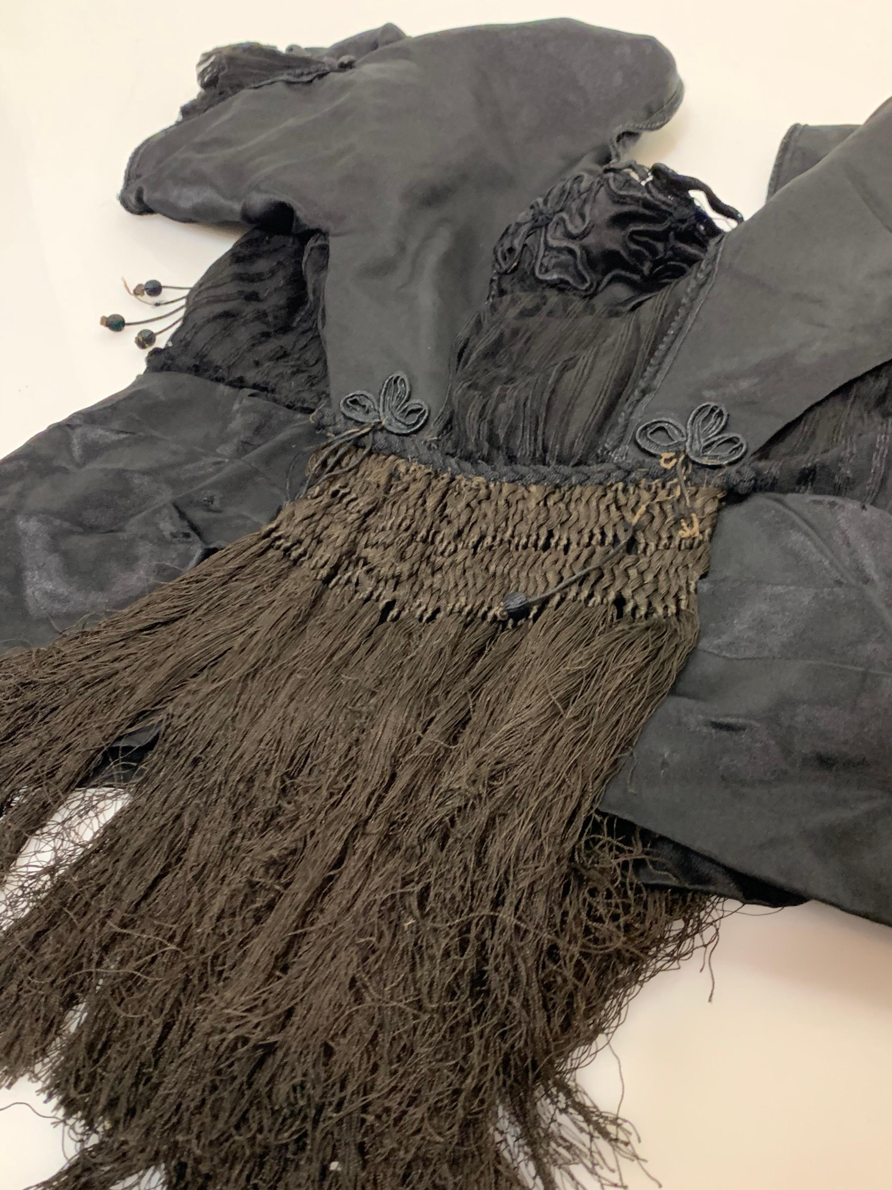 Edwardian Black Silk Satin Blouse w/ Extravagant Silk Fringe For Sale 10