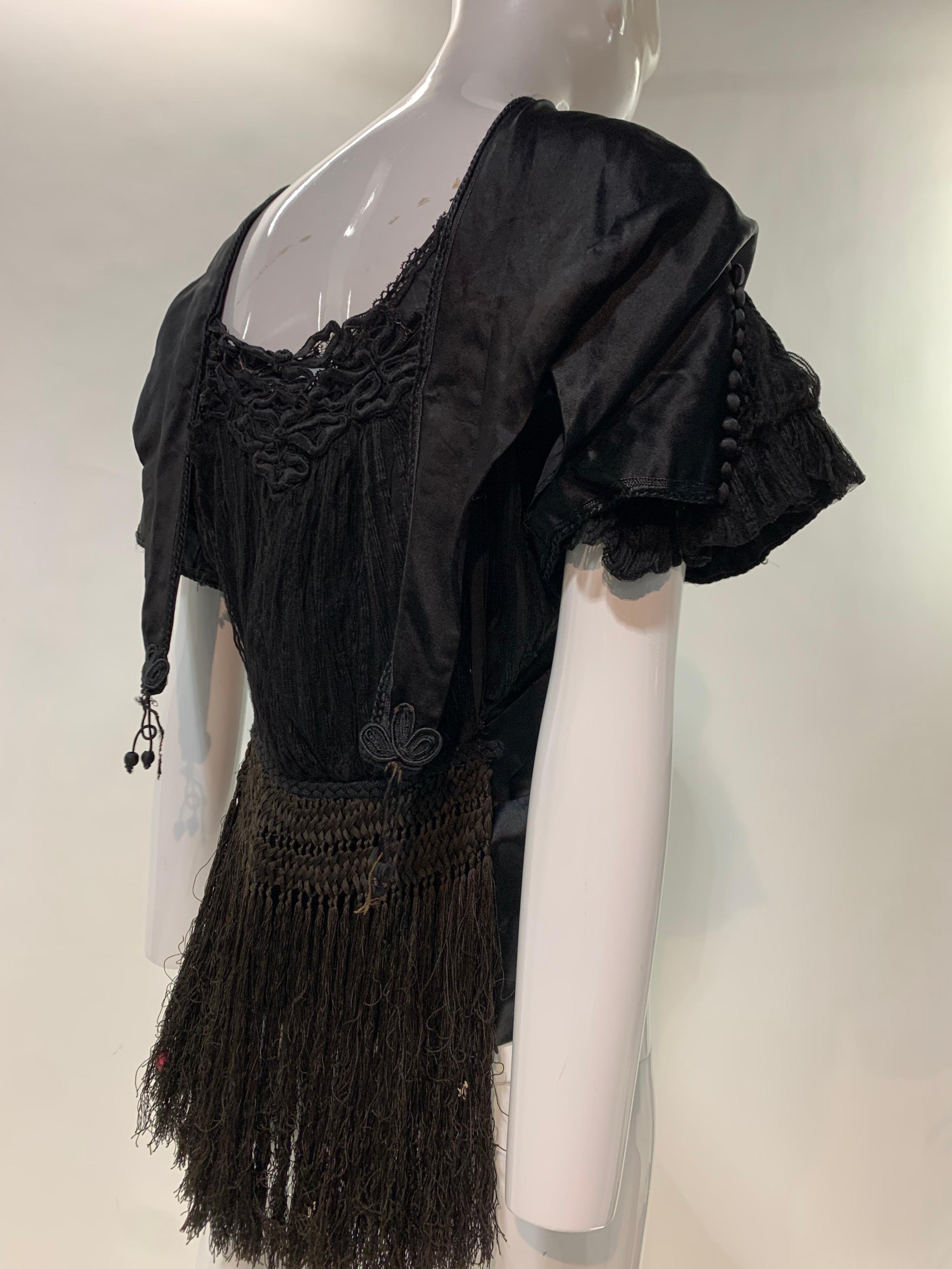 Women's Edwardian Black Silk Satin Blouse w/ Extravagant Silk Fringe For Sale