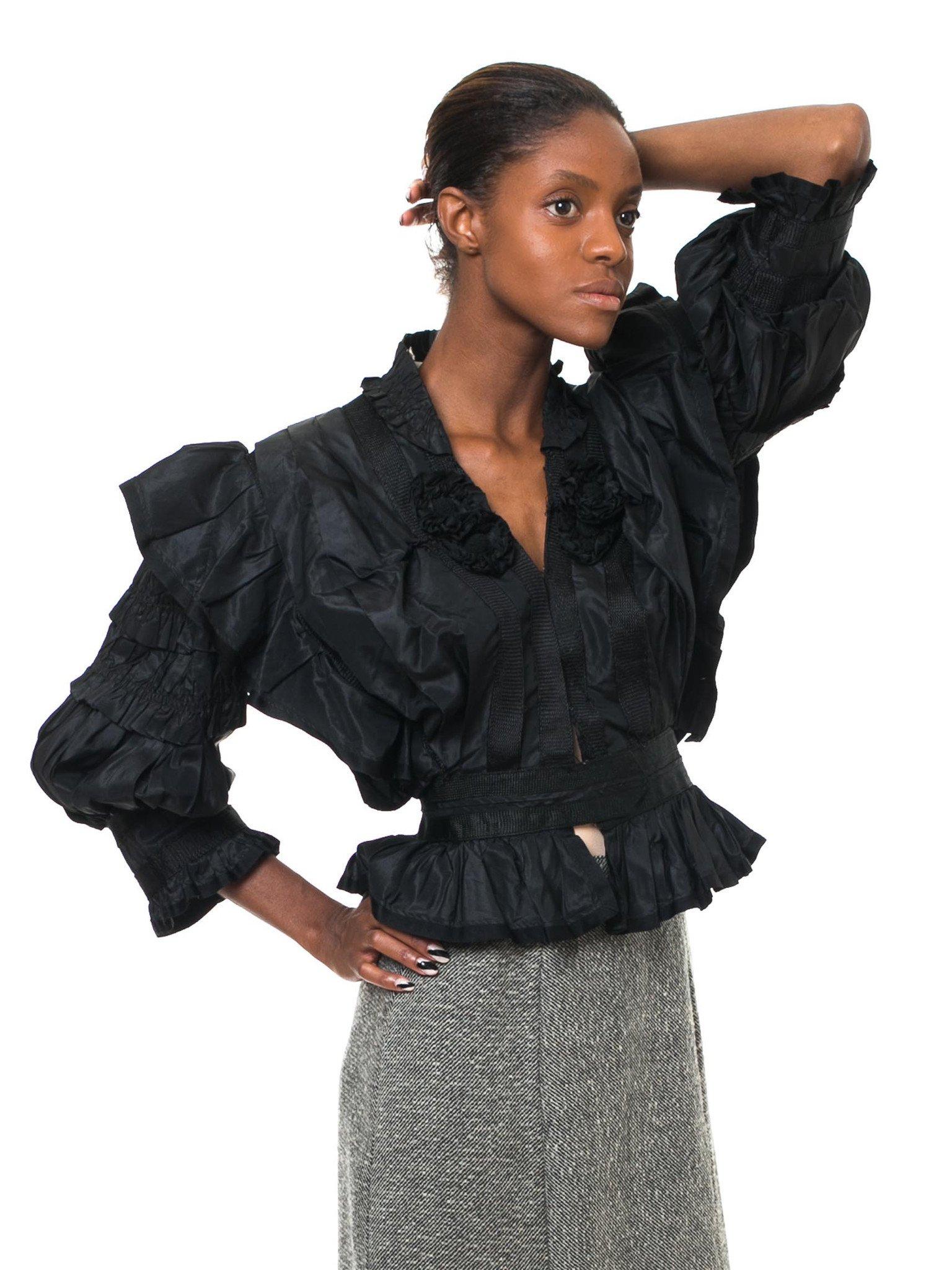 Edwardian Black Silk Taffeta  Dramatic Ruffled Puff Sleeve Blouse Some Shattering But Wearable
