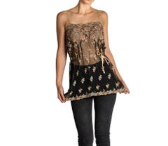 Edwardian Black Silk Tulle Top Embroidered With Pink & Green Flowers