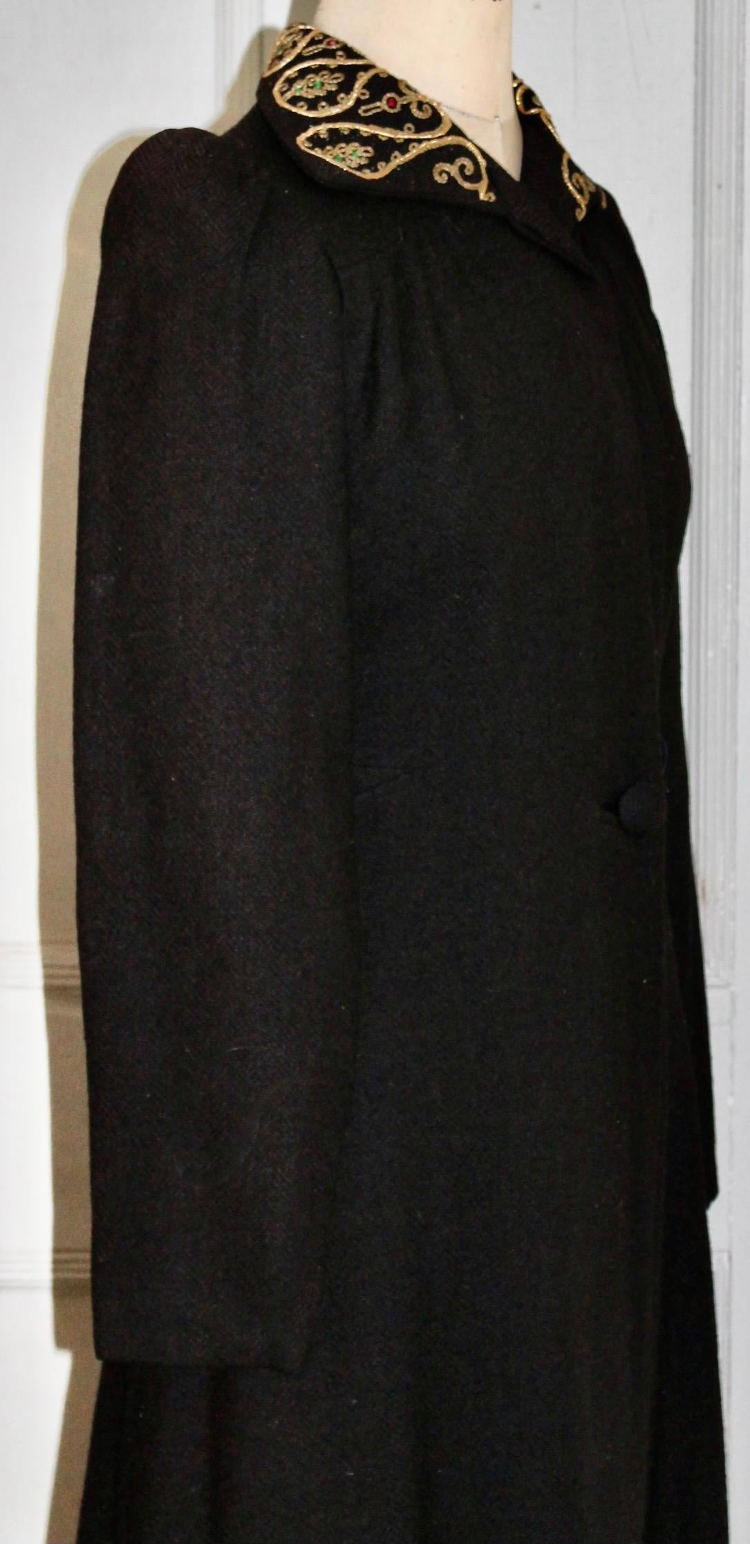 Women's Edwardian Black Wool Coat with Faux Jewels For Sale