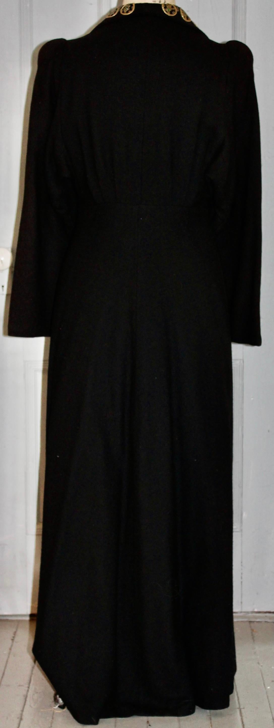 Edwardian Black Wool Coat with Faux Jewels For Sale 2