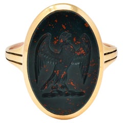 Edwardian Bloodstone 18K Yellow Gold Antique Carved Eagle Intaglio Signet Ring