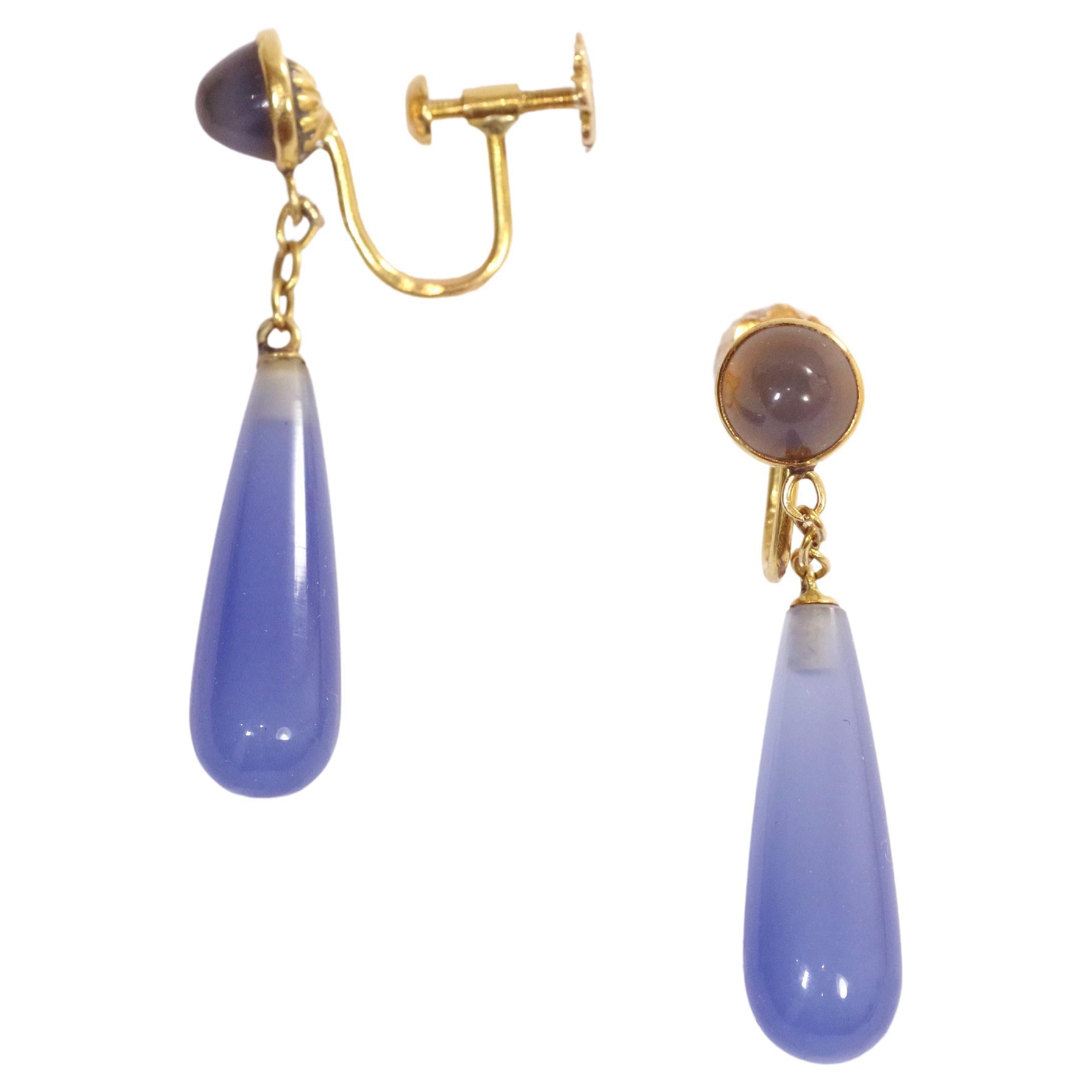 Edwardian blue chalcedony earrings in 18-karat yellow gold For Sale