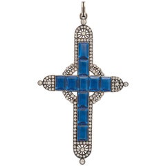 Antique Edwardian Paste and Blue Crystal Silver Cross in Box