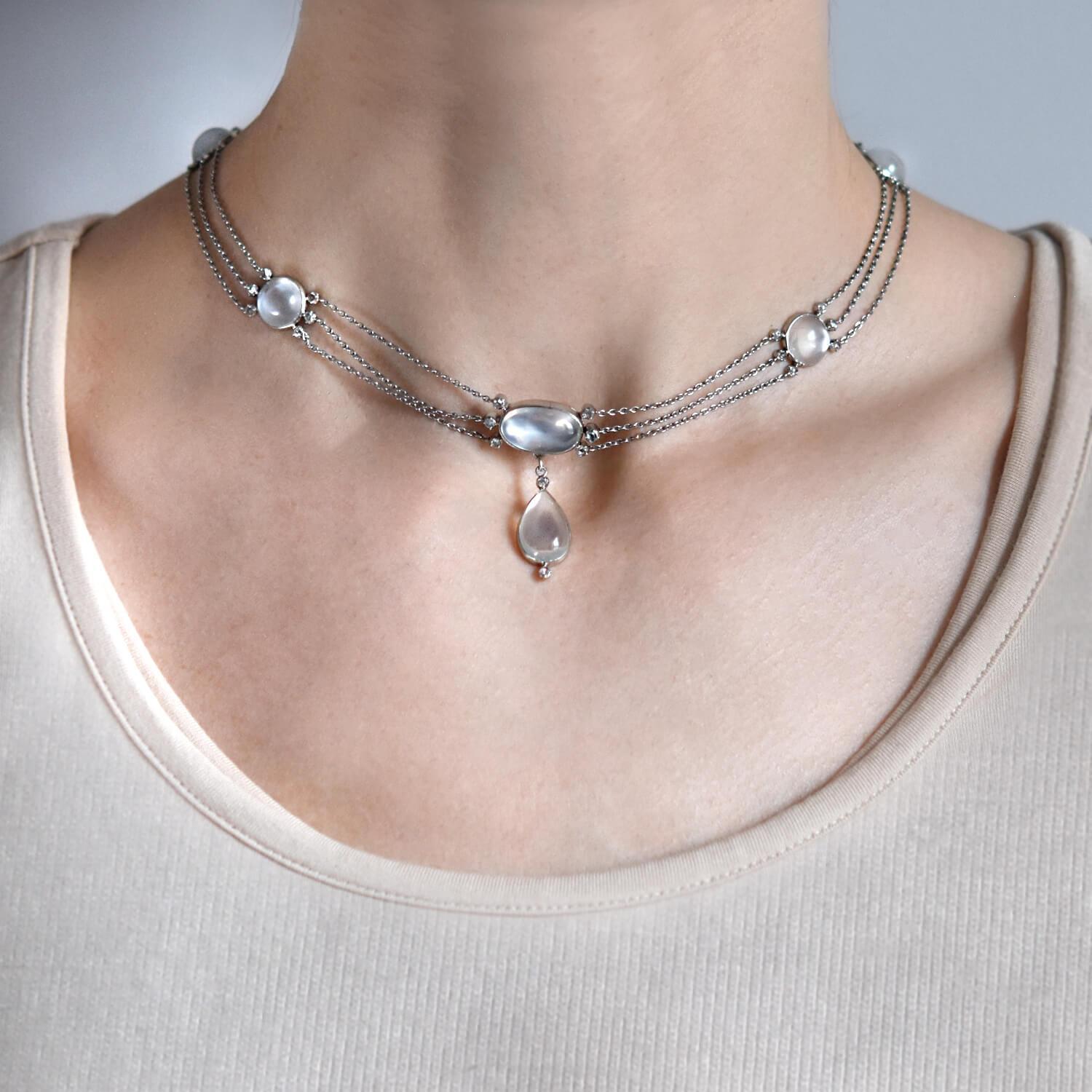 Cabochon Edwardian Blue Moonstone and Rose Cut Diamond Necklace