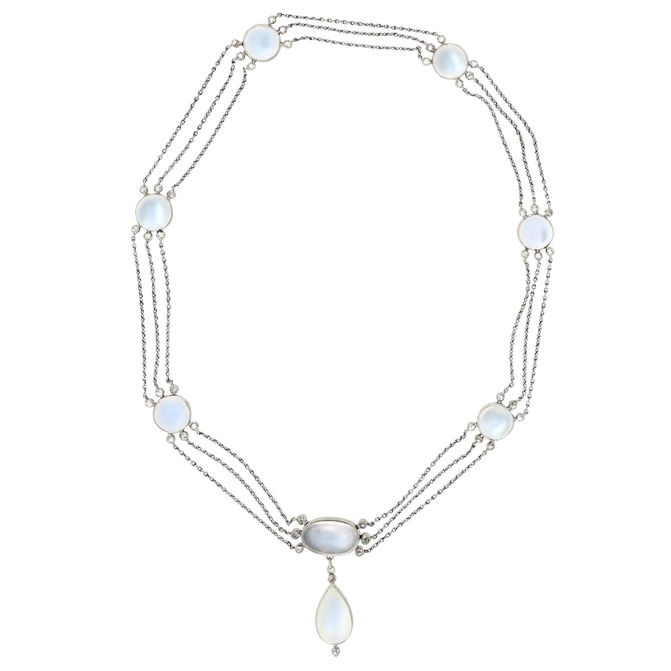 Edwardianische Halskette mit blauem Mondstein und Diamant im Rosenschliff