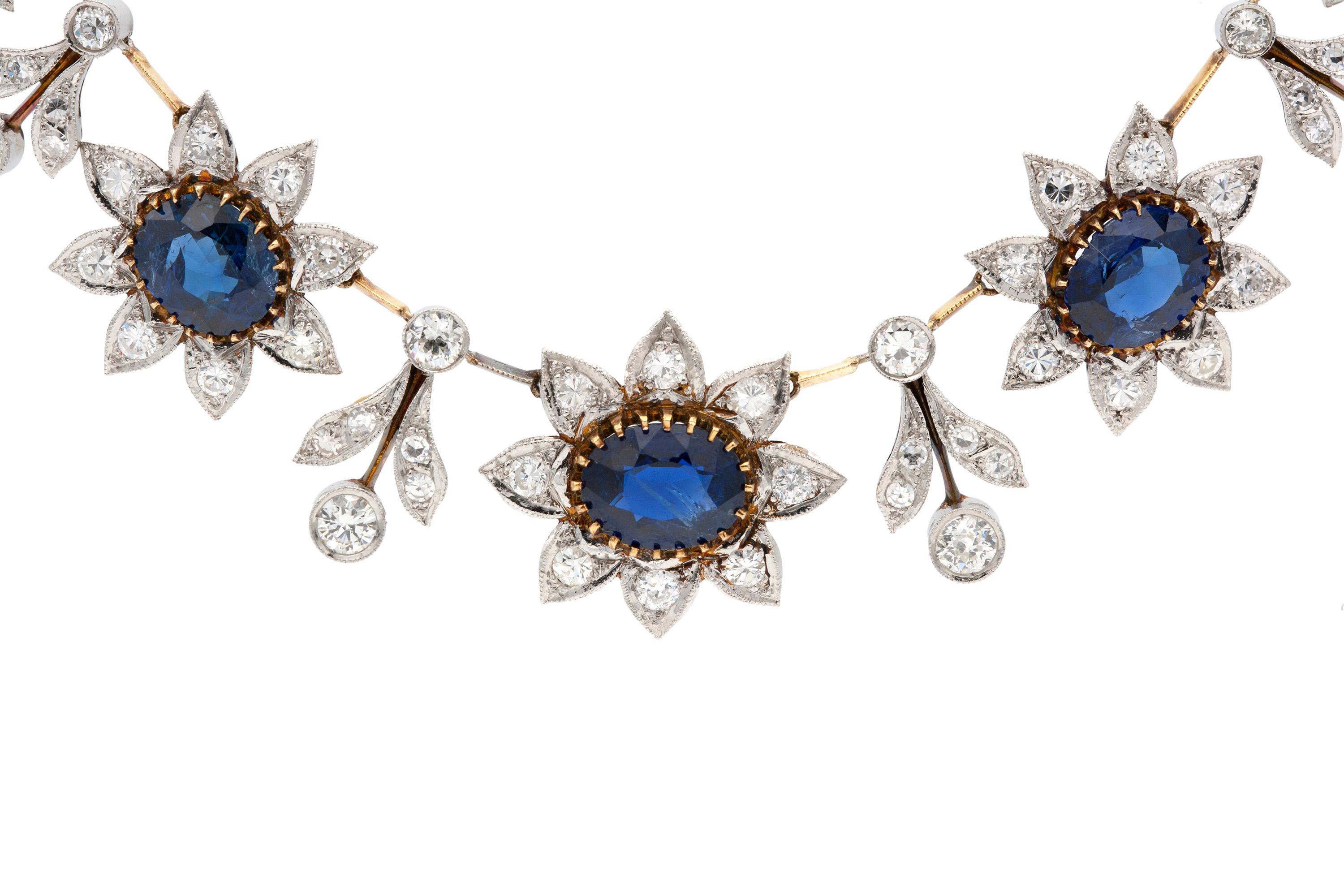 Modern Edwardian Blue Sapphire Diamond Necklace For Sale