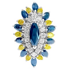 Edwardian Blue Sapphire White and Yellow Diamond Cocktail Ring
