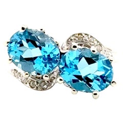 Edwardian Blue Topaz Diamond Bypass Ring 2 Stone 5.16ct Platinum Original 1900's