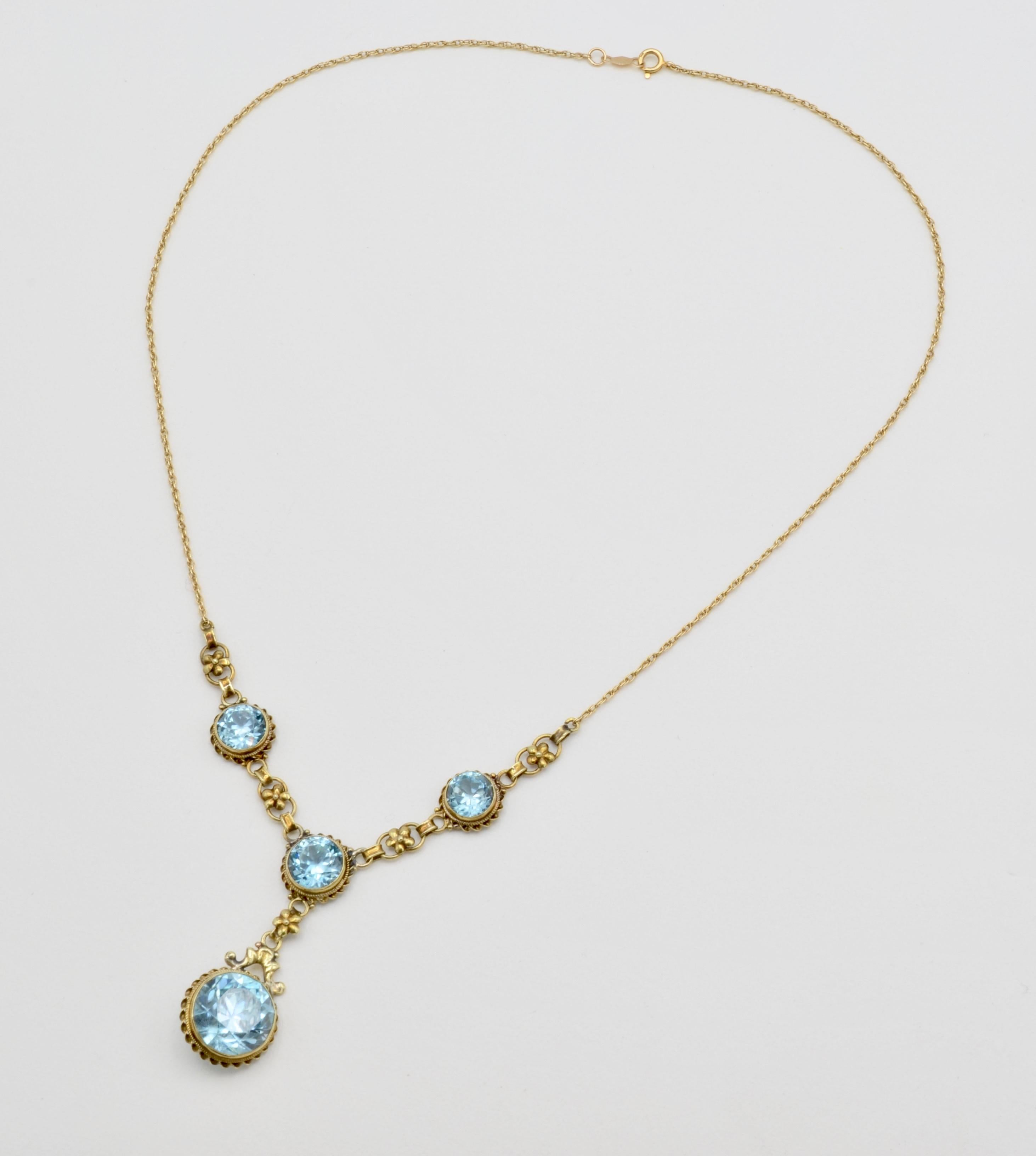 This stunning blue zircon necklace is a wonderful example of Edwardian sensibility and grace. The necklines of that period were often adorned for special occasions with this style of jewelry. Bold yet delicate. Demure yet a bit bold. The
