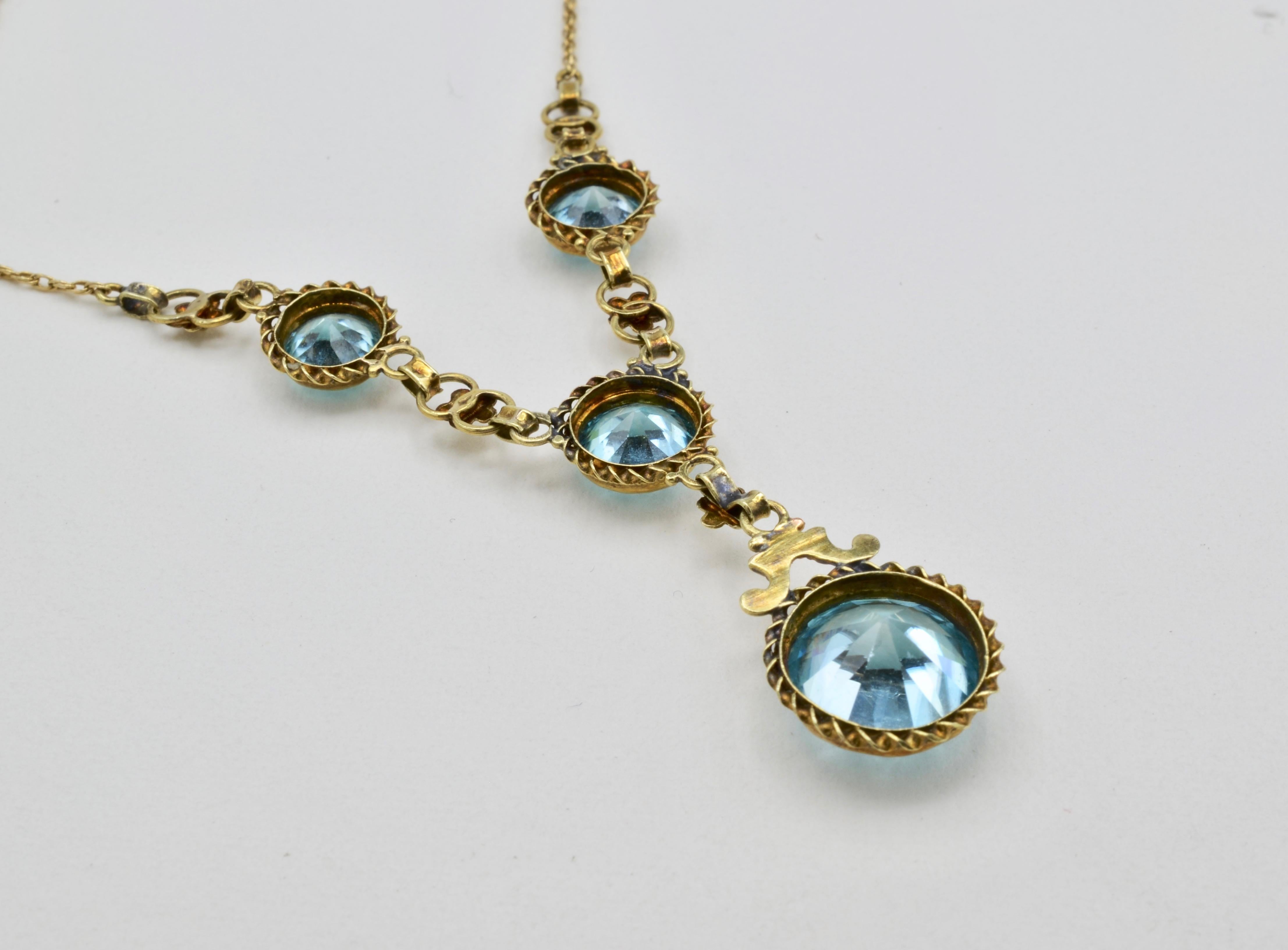 Round Cut Edwardian Blue Zircon 14 Karat Gold Necklace For Sale