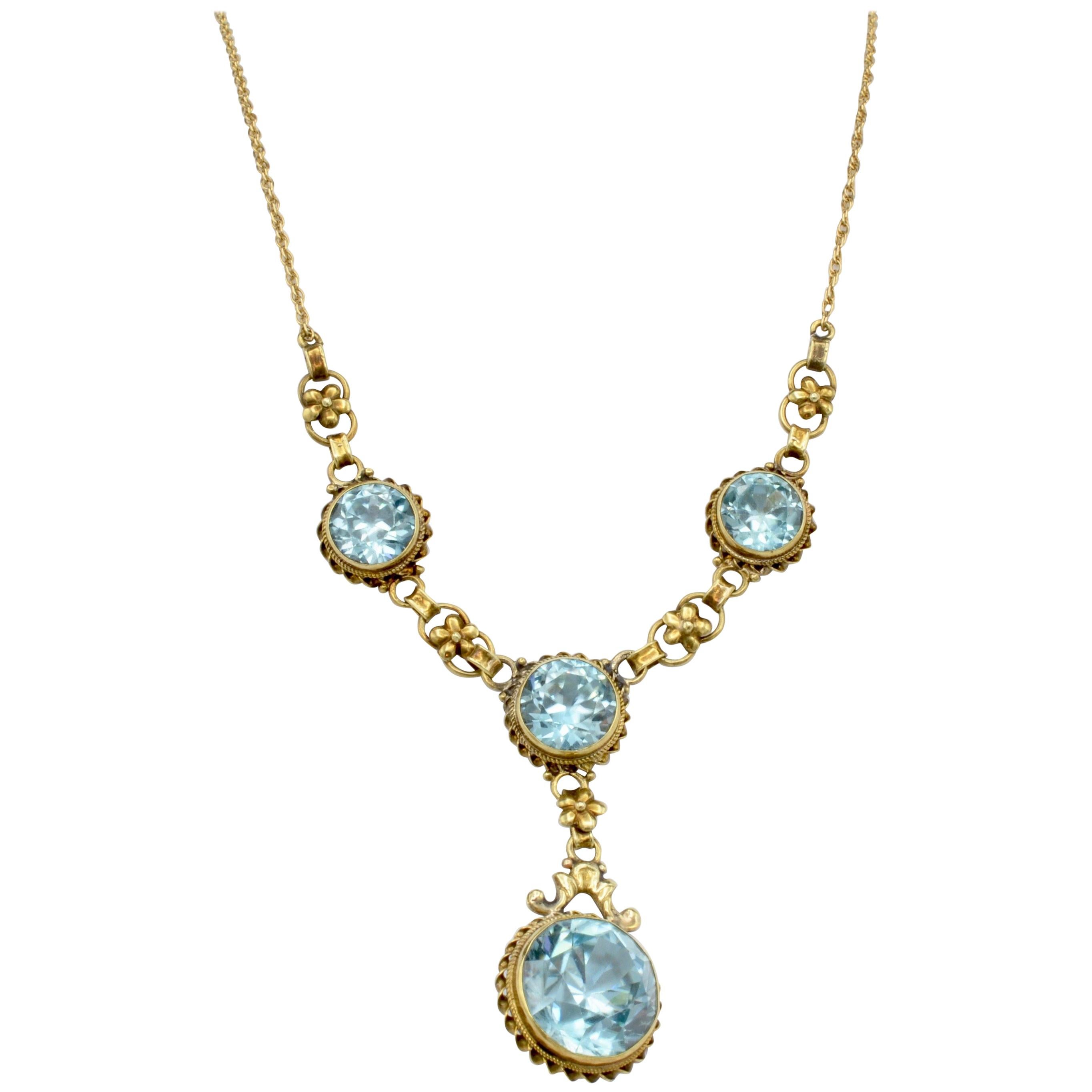 Edwardian Blue Zircon 14 Karat Gold Necklace For Sale