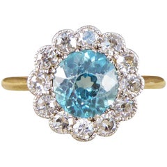 Antique Edwardian Blue Zircon and Diamond Cluster Ring in 18 Carat Yellow Gold