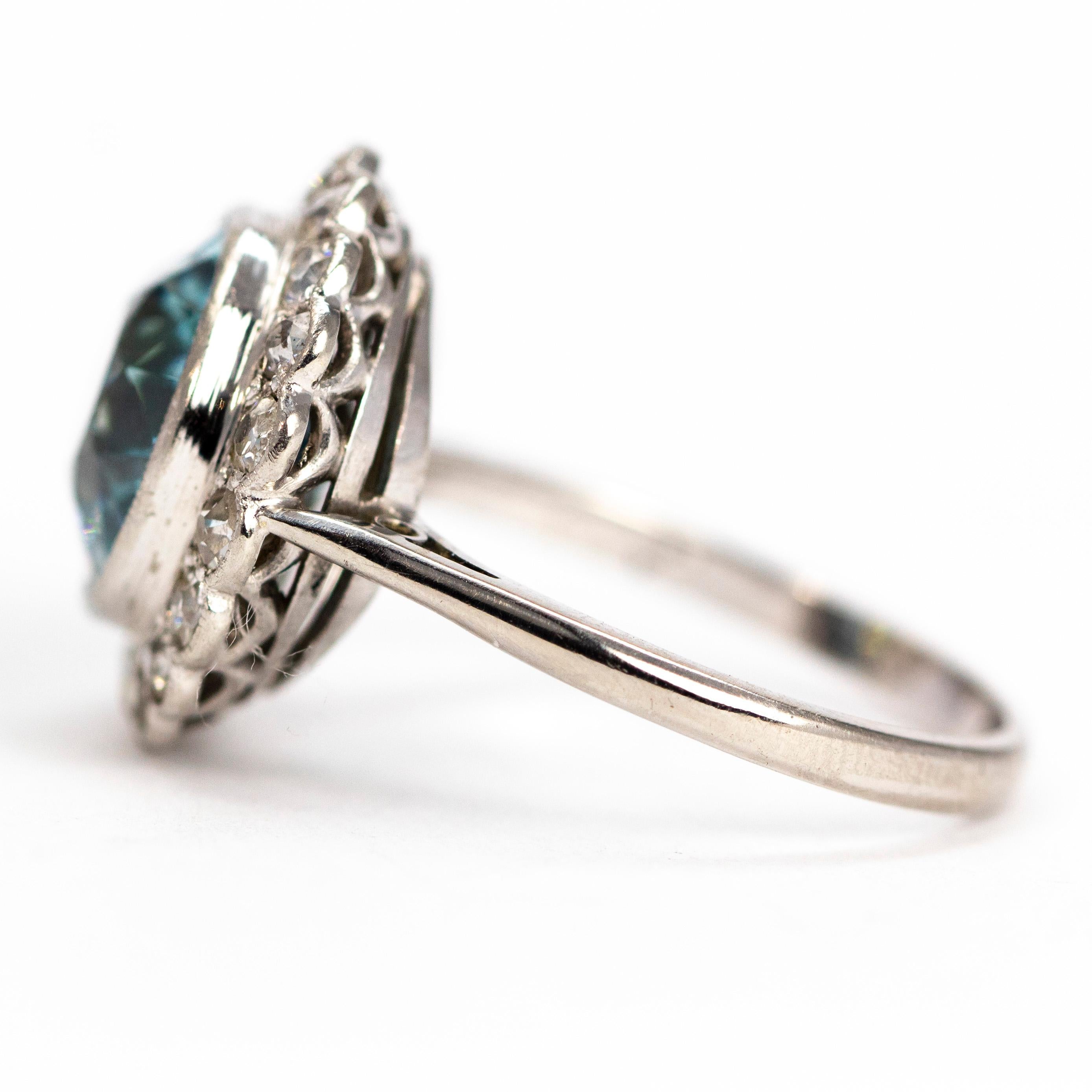 Edwardian Blue Zircon and Diamond Platinum Cluster Ring In Excellent Condition In Chipping Campden, GB
