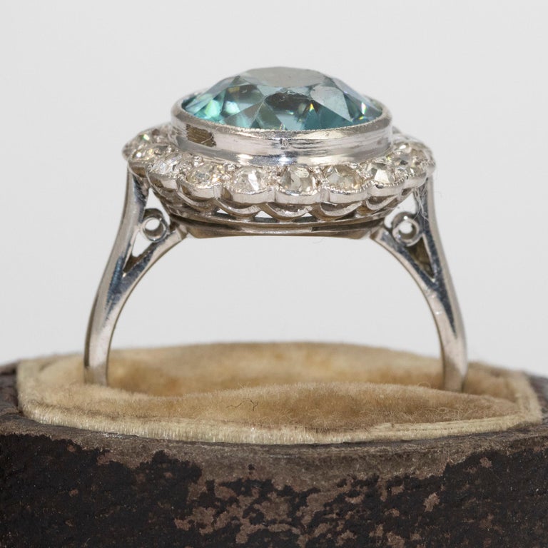 Edwardian Blue Zircon and Diamond Platinum Cluster Ring at 1stDibs