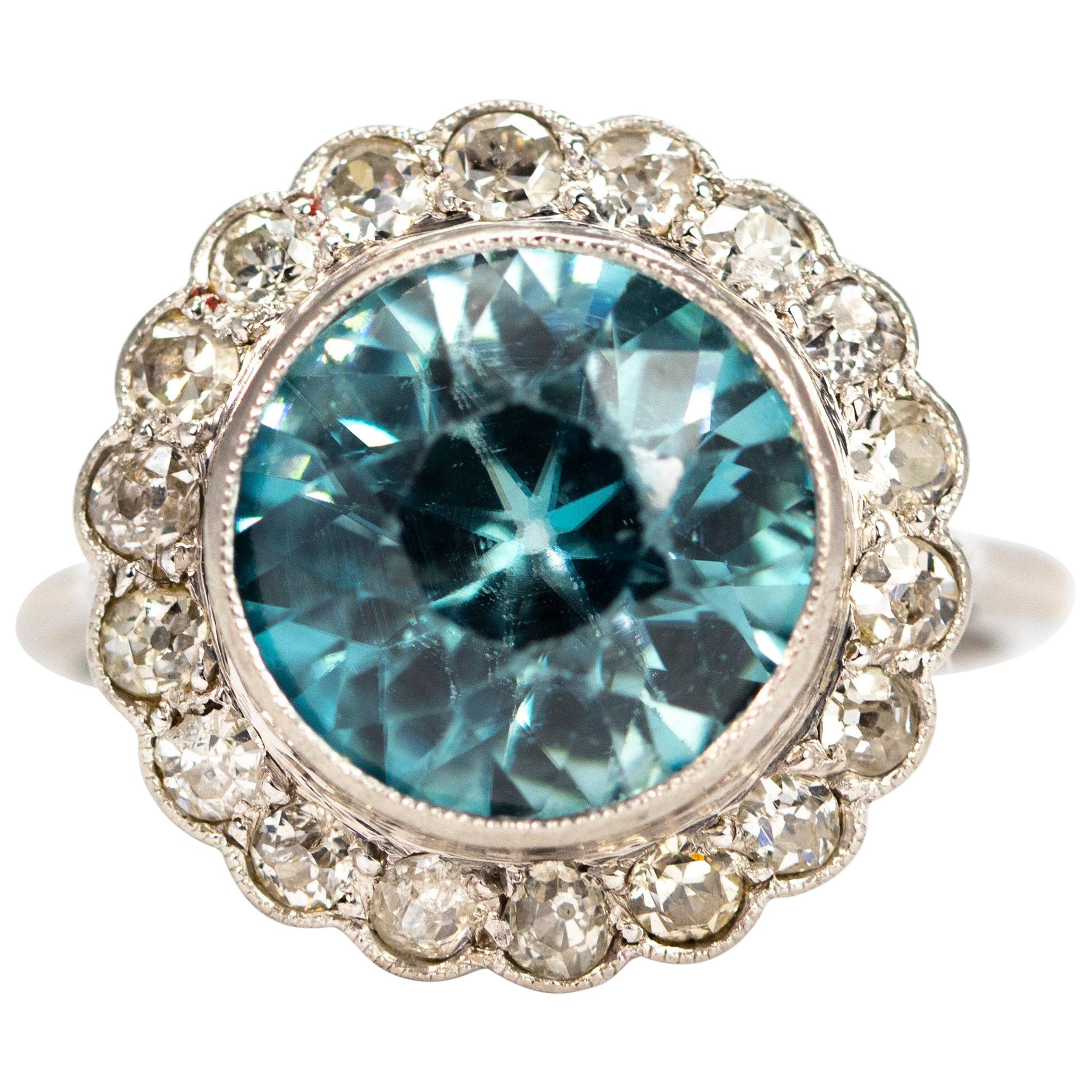 Edwardian Blue Zircon and Diamond Platinum Cluster Ring