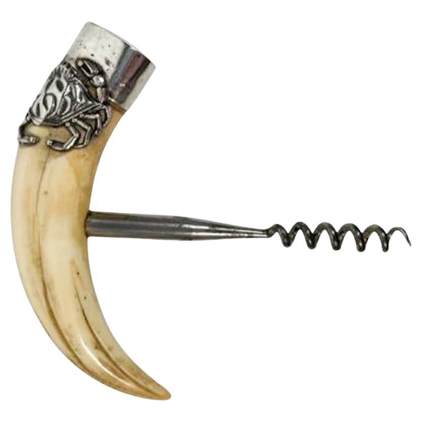 Edwardian Boar's Tusk Corkscrew with Sterling Cap and Applied Sterling Crab For Sale