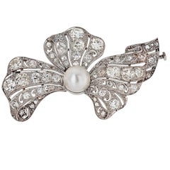 Edwardian Bow Style Diamond and Natural Pearl Brooch 5.00 Carat