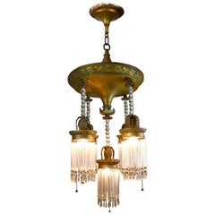 Antique Edwardian Brass 5-Light Chandelier with Glass Beads and Crystal Straws