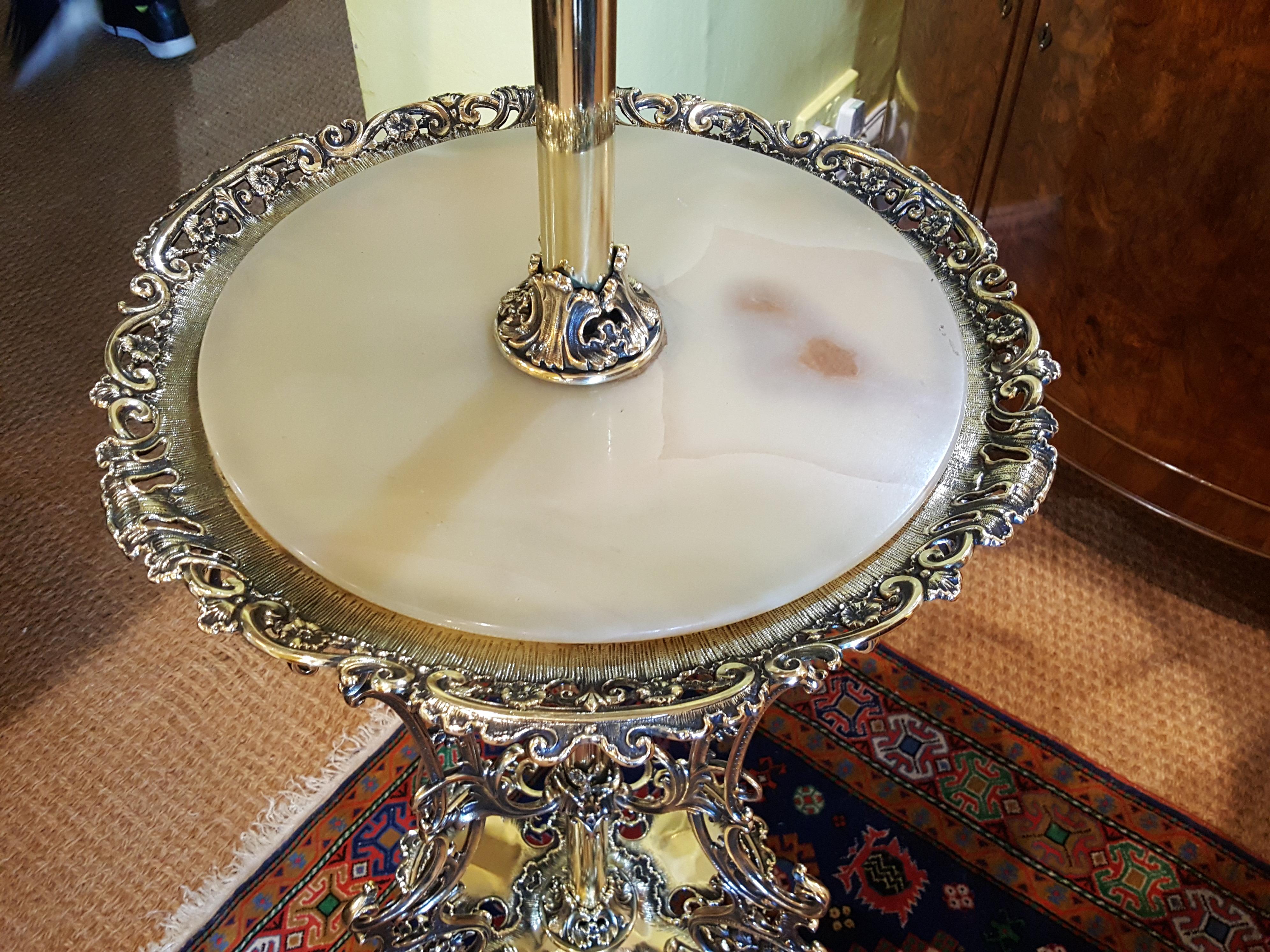Edwardian brass extending standard oil lamp with an onyx drinks tray, profuse floral and foliate filigree, tripod base supported by Plate Gallery – 22