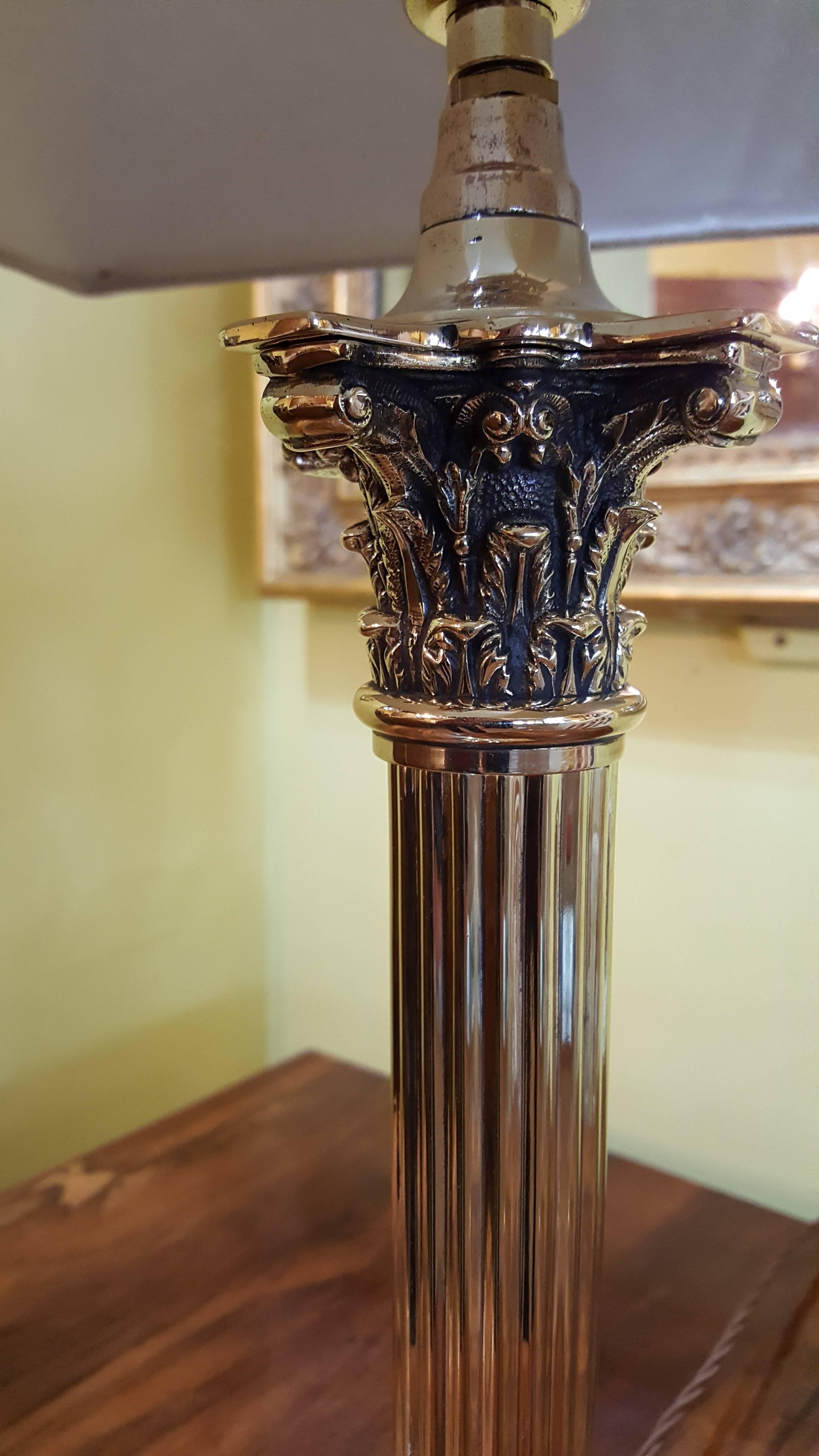 English Edwardian Brass Corinthian Column Table Lamp