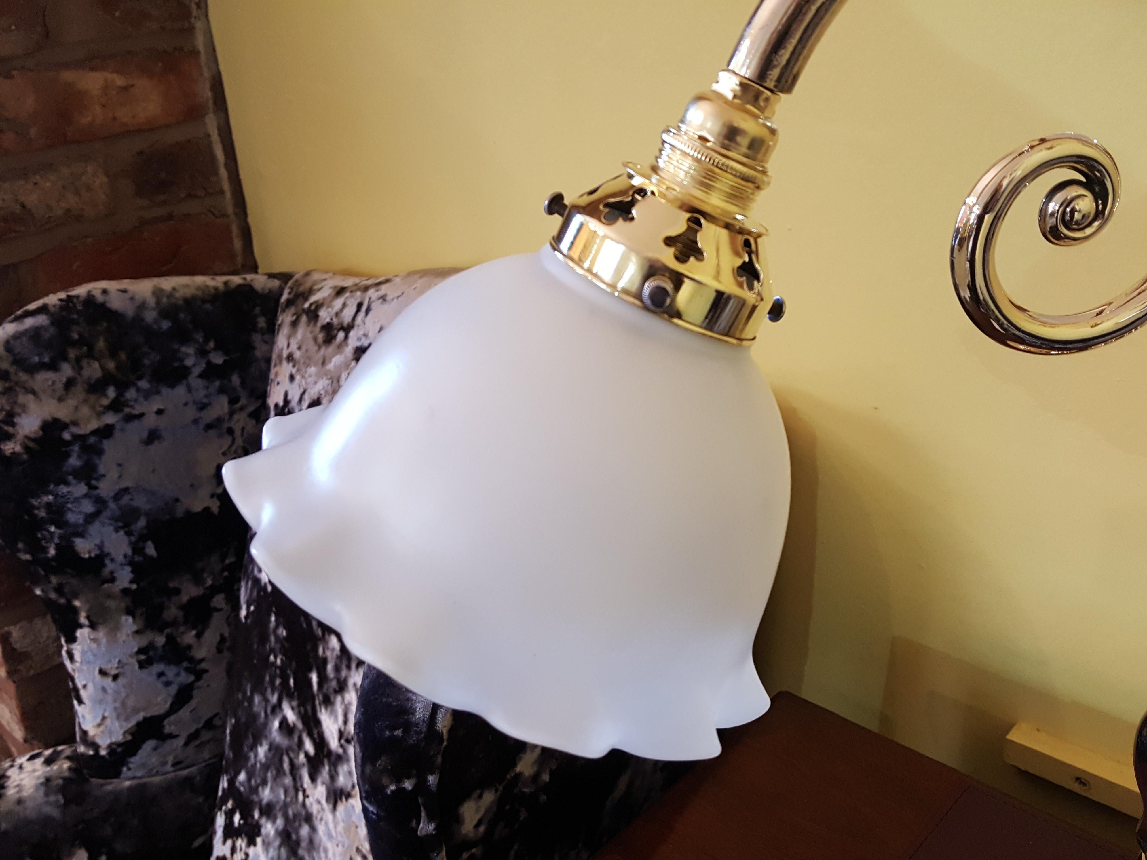 Edwardian brass desk lamp with frosted glass shade, scroll decoration to the arm, bulbous column on disc base - all lights and lamps have been rewired with authentic corded flex, fitted with either foot switch or finger clicker switch and are pat