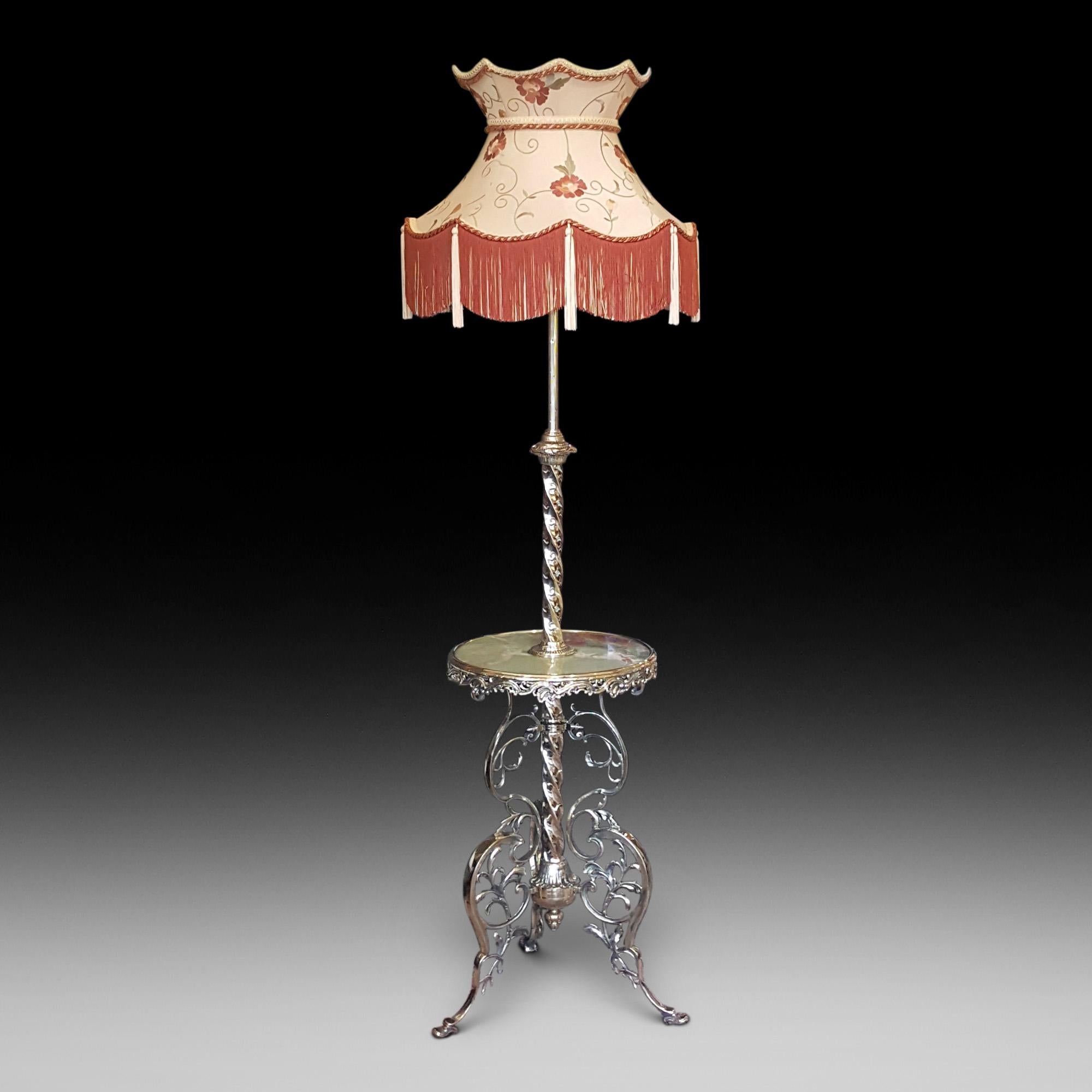 Edwardian brass extending standard lamp with an onyx drinks tray, twist column and foliate filigree tripod base - The lampshade(s) are newly handmade silks by the same maker as provides the shades for Downton Abbey - all lights and lamps have been