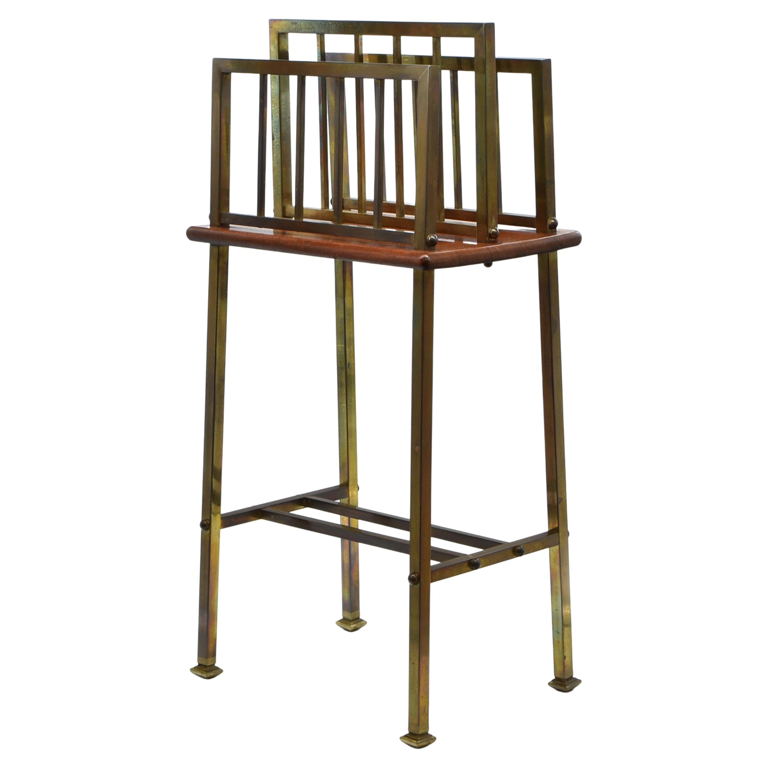 Edwardian Brass & Walnut Canterbury Newspaper Magazine Rack