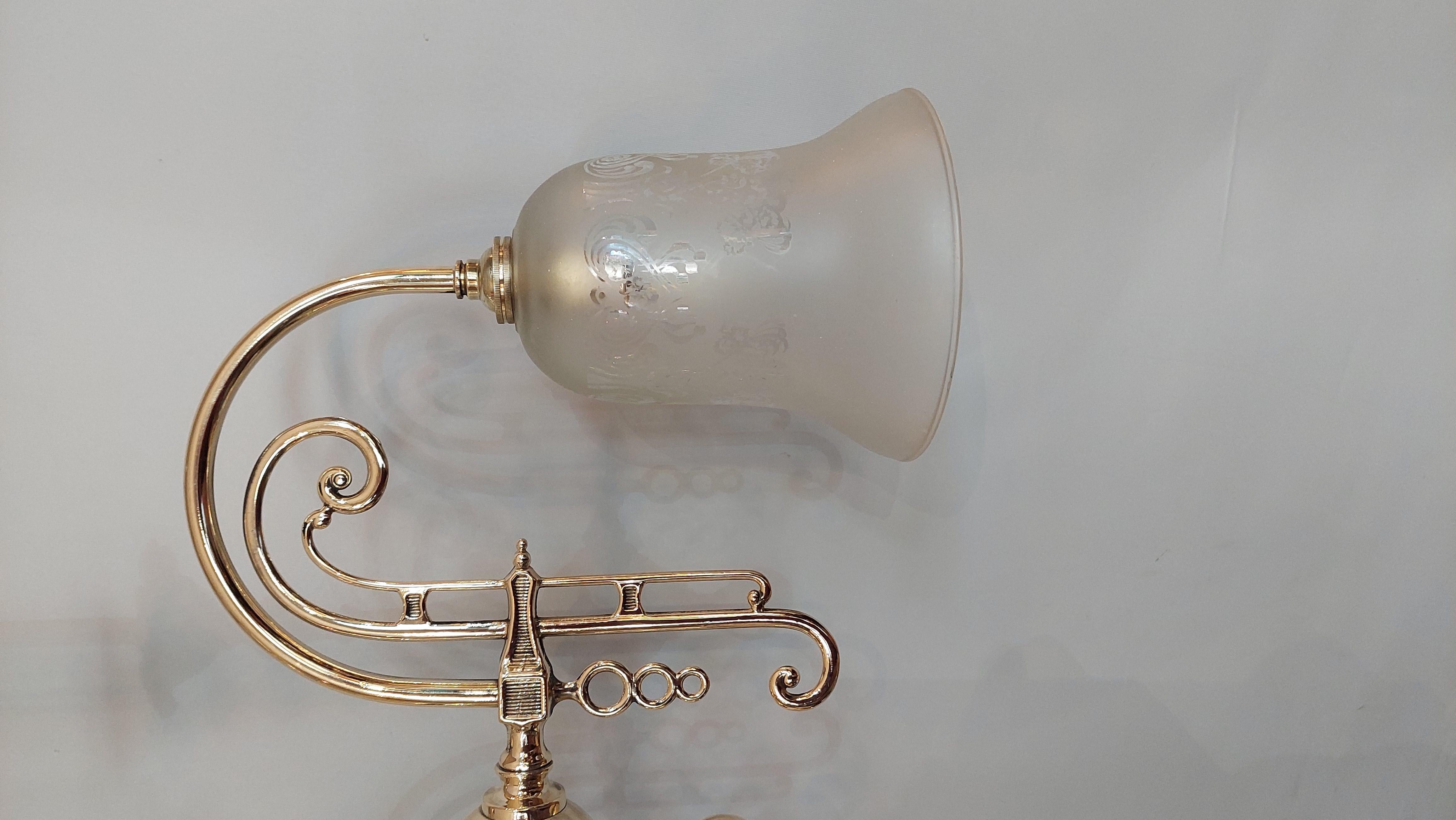 Edwardian brass twin branch hall lantern with frosted bell shaped glass shades - 23
