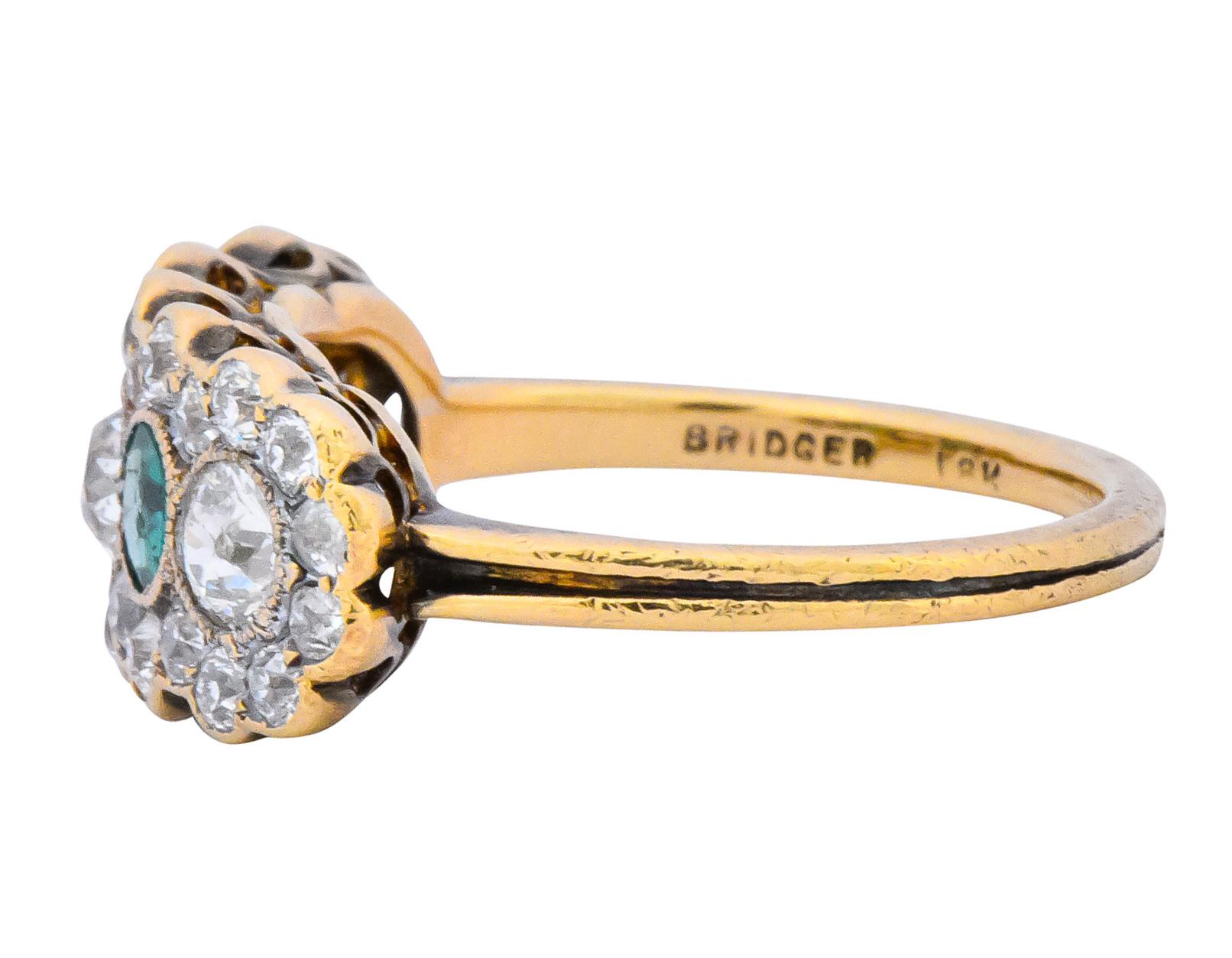 Edwardian Bridger 1.60 Carat Diamond Emerald 18 Karat Gold Cluster Ring In Excellent Condition In Philadelphia, PA