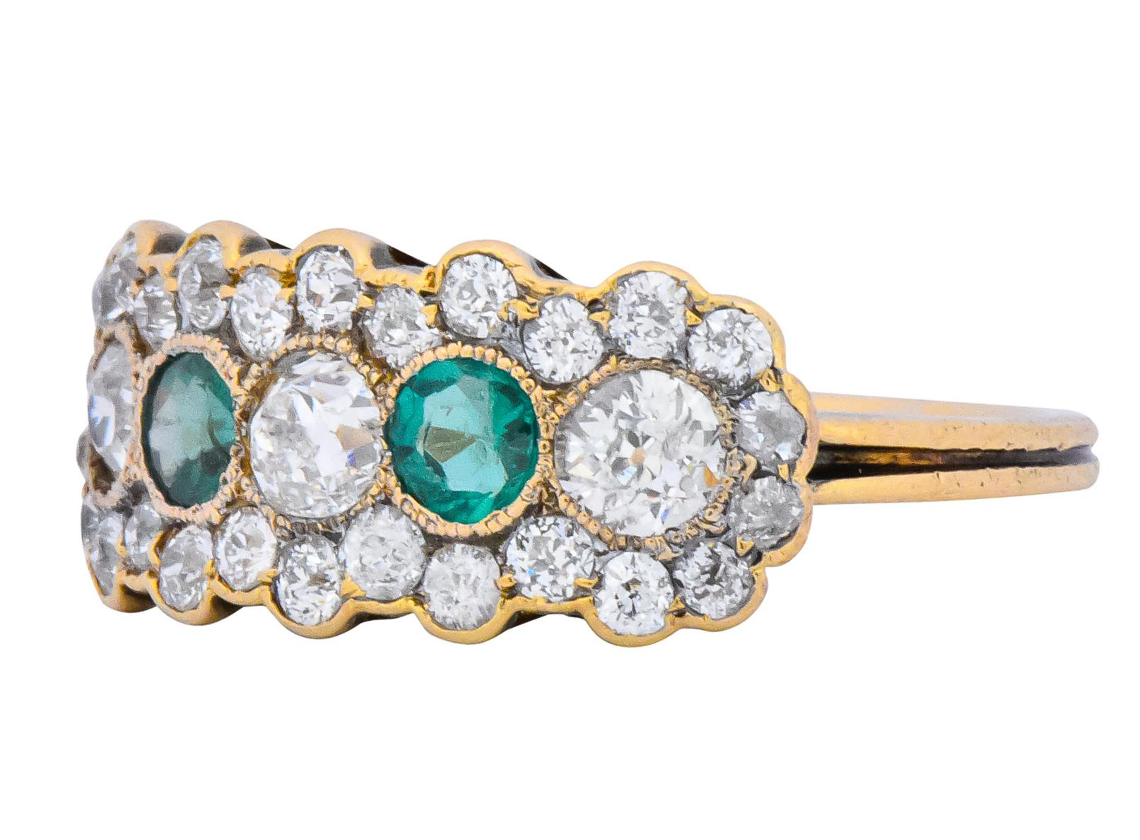 Women's or Men's Edwardian Bridger 1.60 Carat Diamond Emerald 18 Karat Gold Cluster Ring