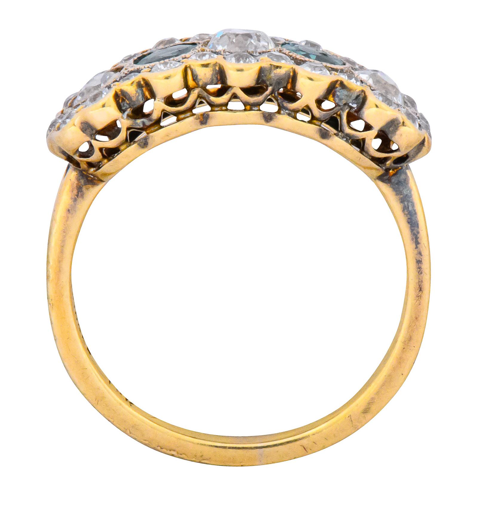Edwardian Bridger 1.60 Carat Diamond Emerald 18 Karat Gold Cluster Ring 2
