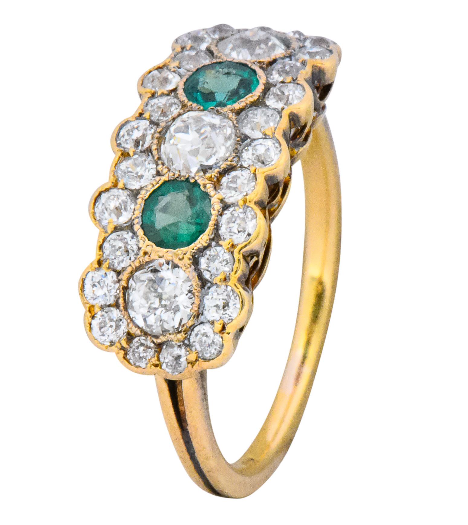 Edwardian Bridger 1.60 Carat Diamond Emerald 18 Karat Gold Cluster Ring 3