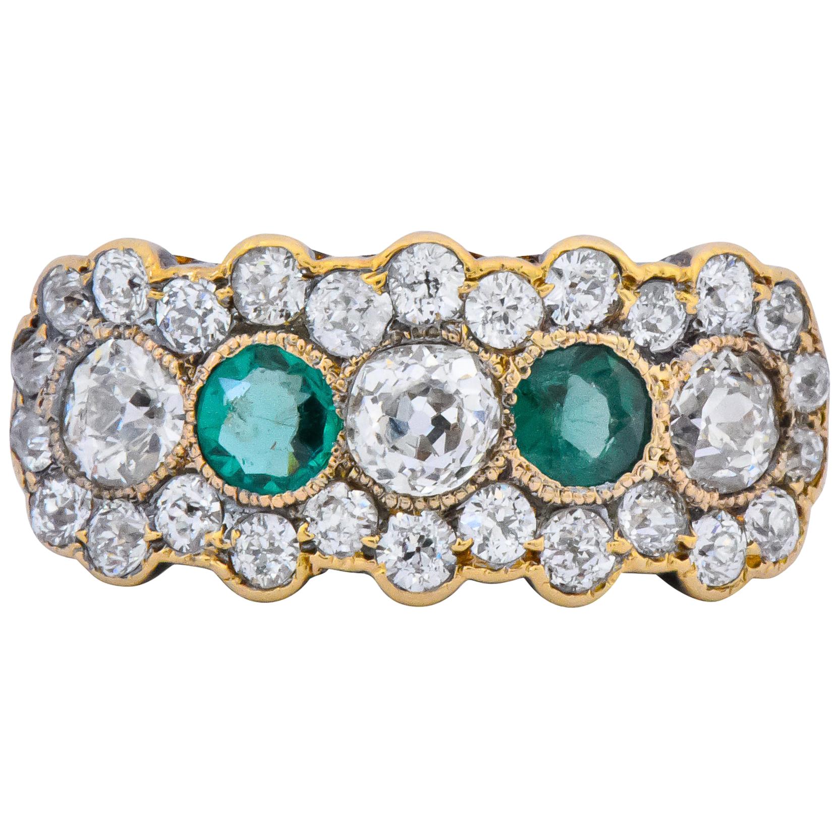 Edwardian Bridger 1.60 Carat Diamond Emerald 18 Karat Gold Cluster Ring