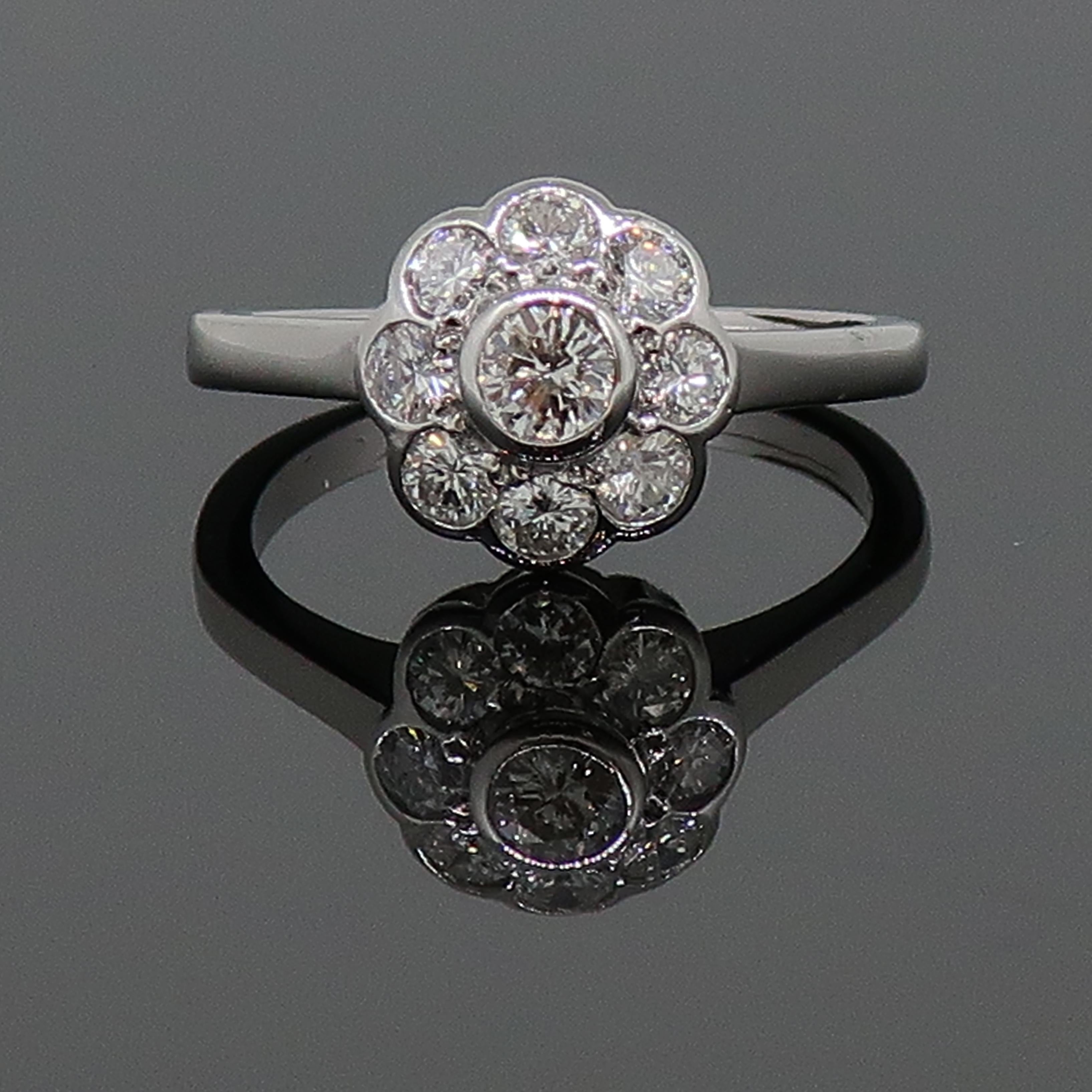 Brilliant Cut Diamond Daisy Cluster Ring

Classic daisy diamond cluster. Nine stone brilliant cut diamond daisy cluster ring. Central white diamond is larger than the eight outer diamonds, all stones set in a flush rub over setting. White metal,
