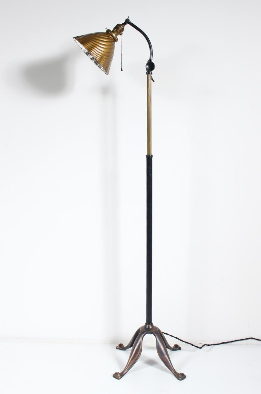 Edwardian Bronze & Brass Adjustable Height Floor Lamp with Mercury Glass Shade In Good Condition In Bainbridge, NY