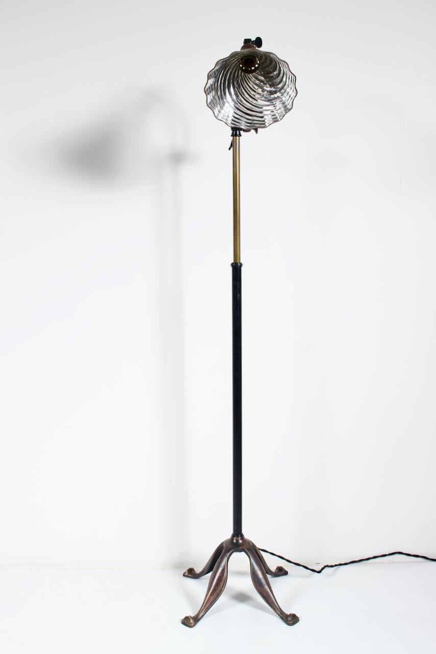 Early 20th Century Edwardian Bronze & Brass Adjustable Height Floor Lamp with Mercury Glass Shade