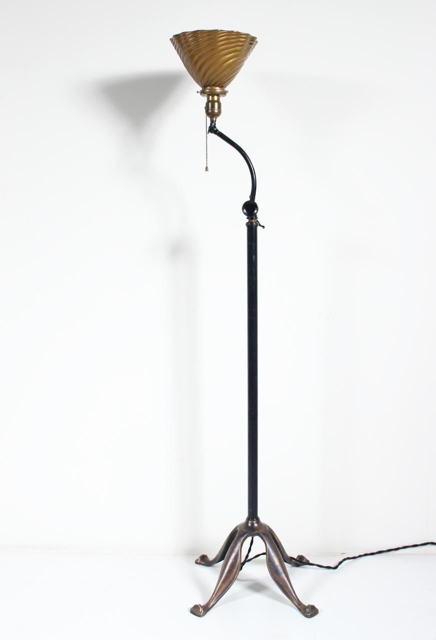 Edwardian Bronze & Brass Adjustable Height Floor Lamp with Mercury Glass Shade 1