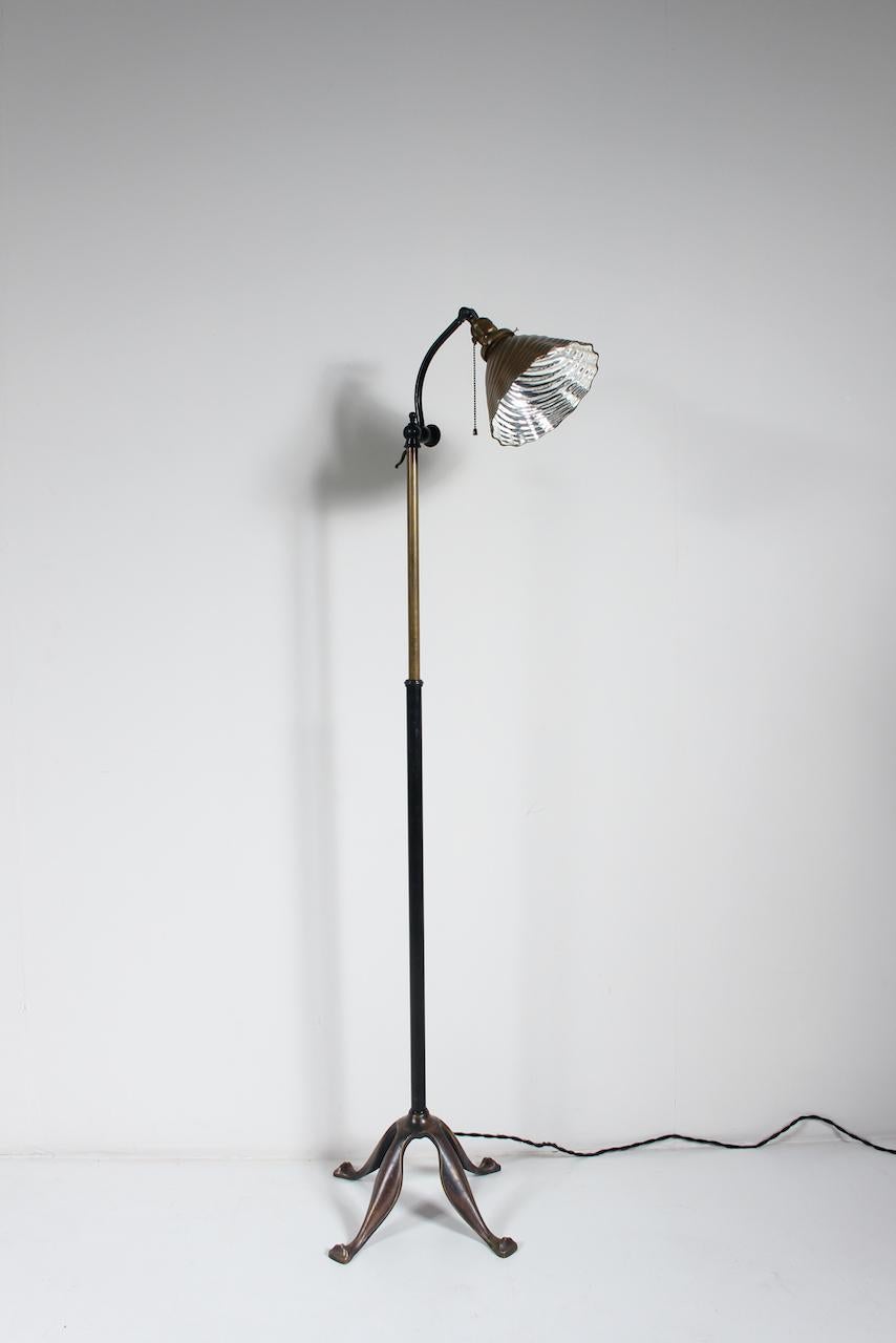 Edwardian Bronze & Brass Adjustable Height Floor Lamp with Mercury Glass Shade 2
