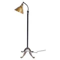 Antique Edwardian Bronze & Brass Adjustable Height Floor Lamp with Mercury Glass Shade