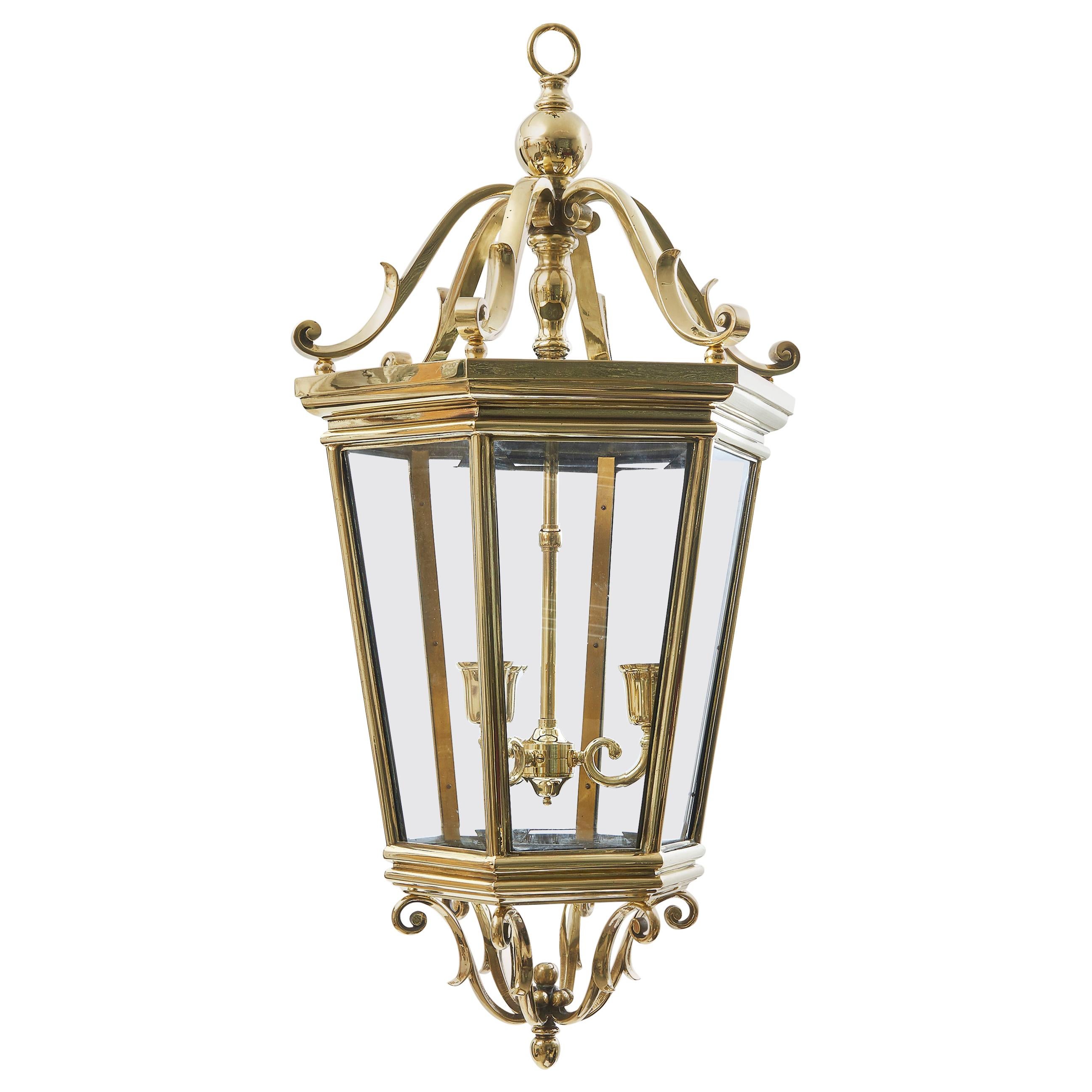 Edwardian Bronze Hexagonal Tapered Lantern with Chain, circa 1910 For Sale