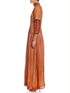 Edwardian Bronze Silk Mesh Over Pale Pink Satin Gown With Long Sleeve