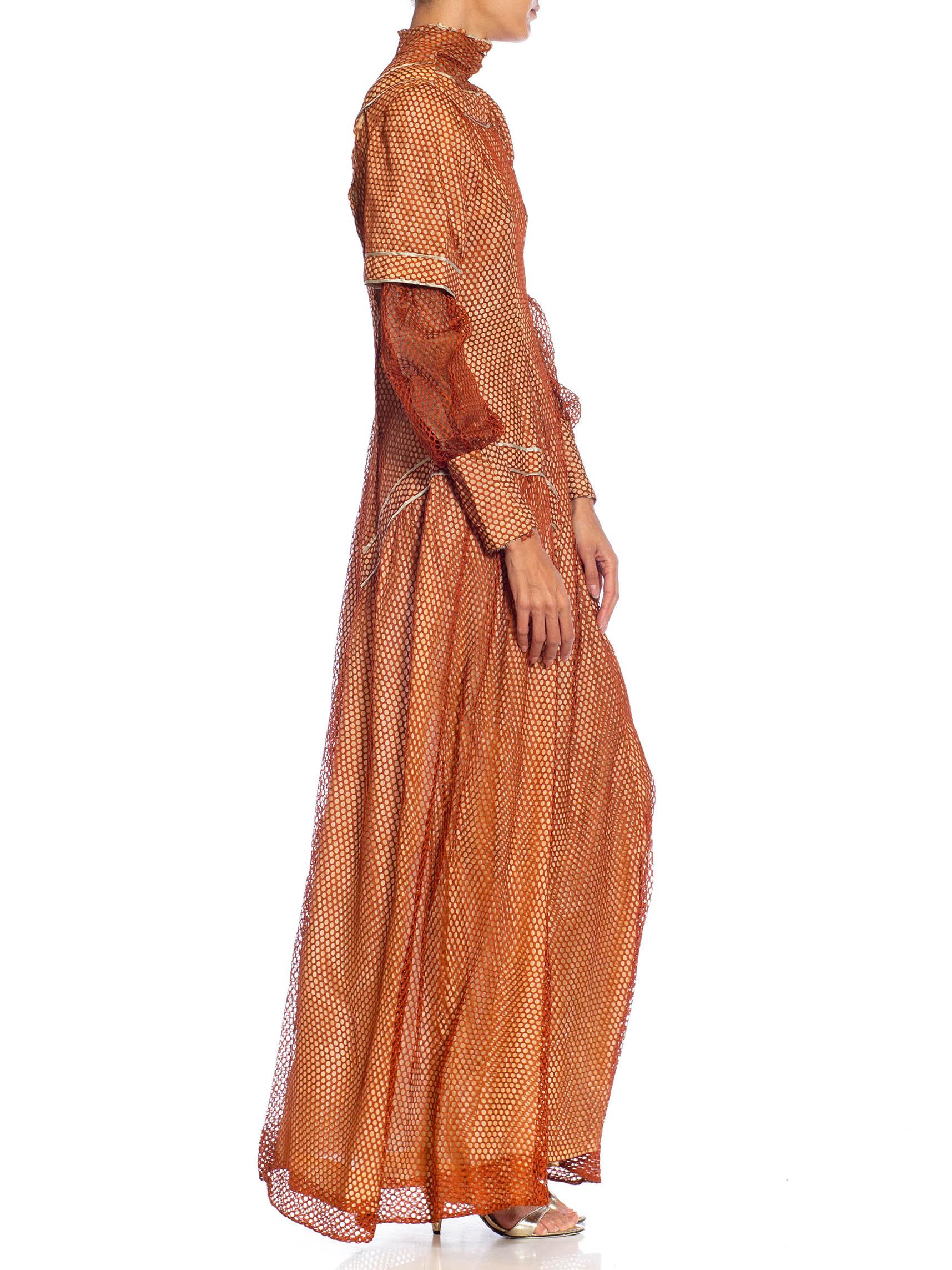 Edwardian Bronze Silk Mesh Over Pale Pink Satin Gown With Long Sleeve In Excellent Condition For Sale In New York, NY