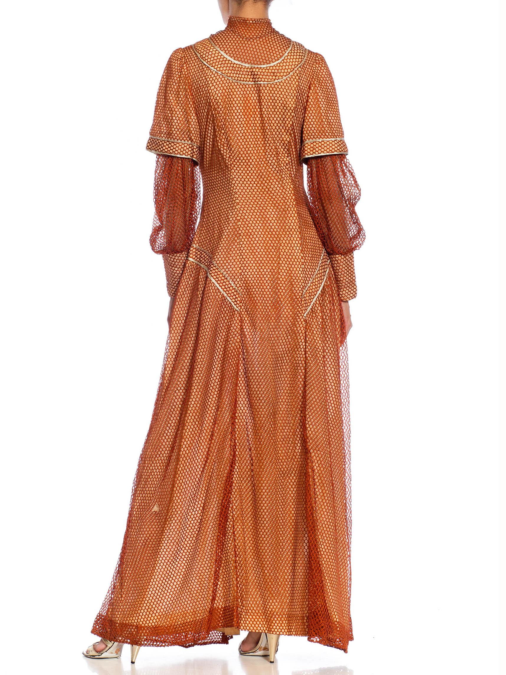 Women's Edwardian Bronze Silk Mesh Over Pale Pink Satin Gown With Long Sleeve For Sale