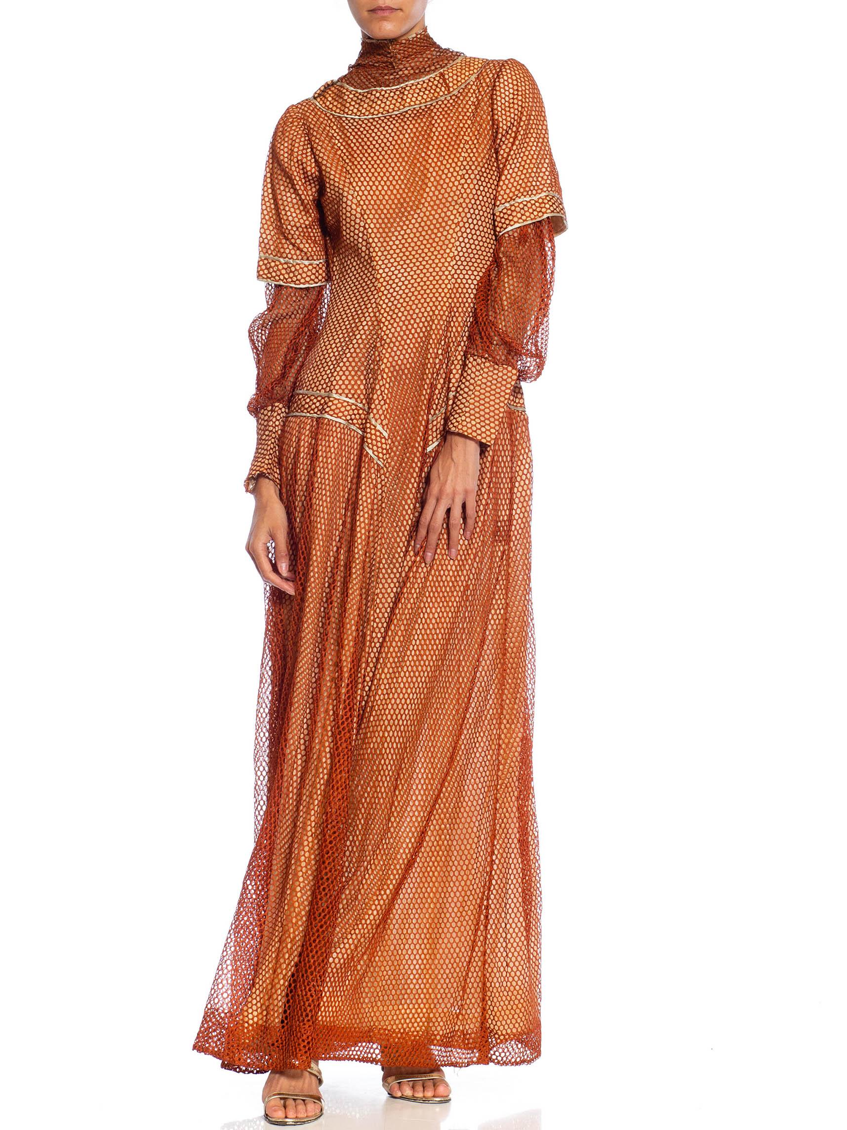 Edwardian Bronze Silk Mesh Over Pale Pink Satin Gown With Long Sleeve For Sale 1