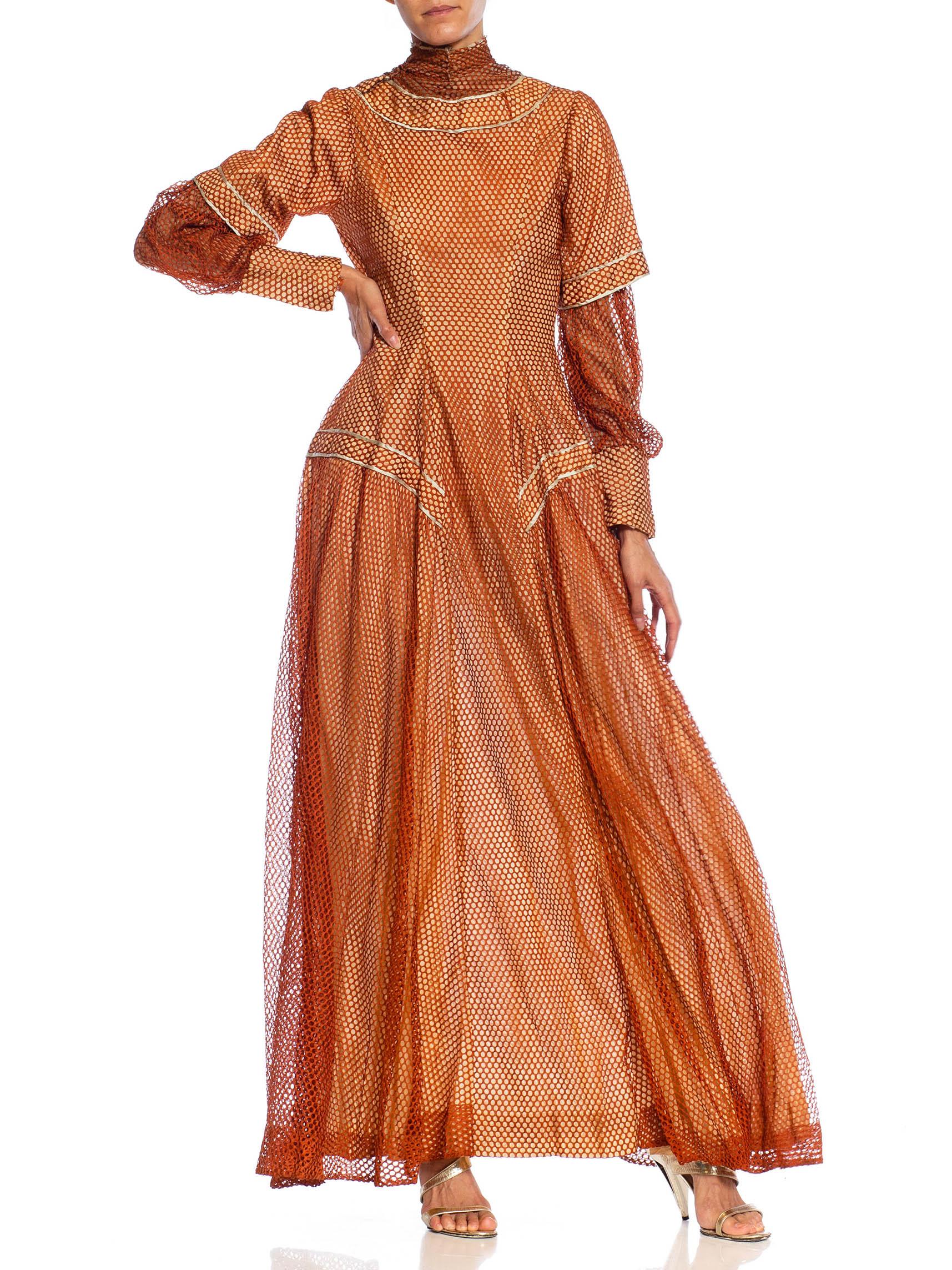 Edwardian Bronze Silk Mesh Over Pale Pink Satin Gown With Long Sleeve For Sale 2